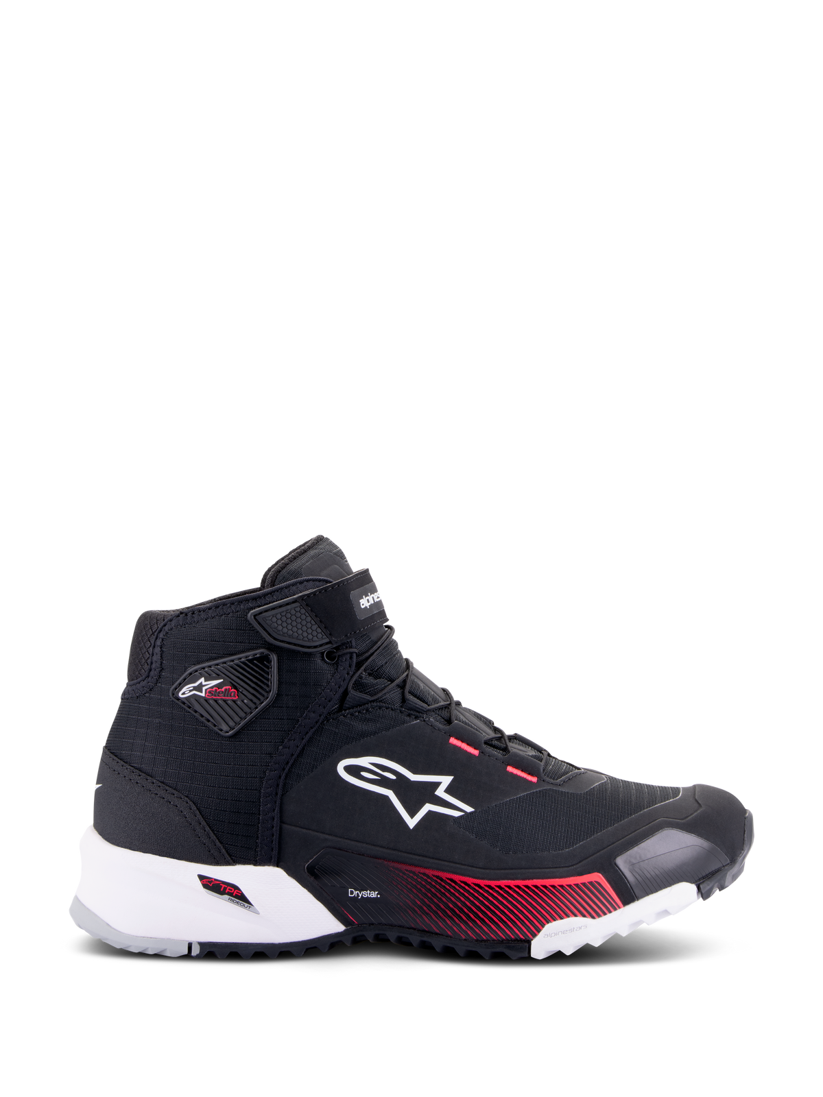 Alpinestars CR-X Women's Drystar® Riding Shoe, damskie buty motocyklowe, czarno-białe z różowymi akcentami Diva Pink, widok z profilu prezentujący białe logo Alpinestars, różowe gradientowe detale na podeszwie środkowej oraz branding Stella na kostce, smukły wodoodporny design w stylu sneakersów.