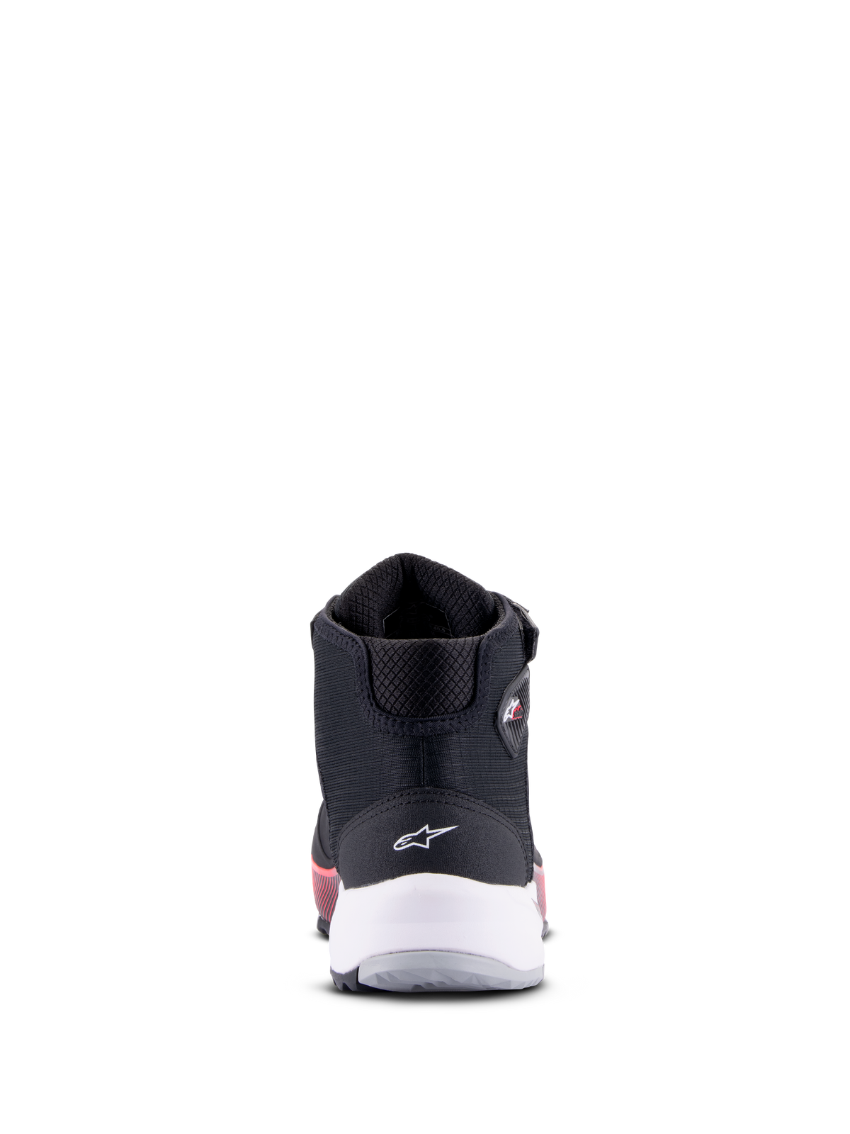 Damskie buty motocyklowe Alpinestars CR-X Drystar, czarno-białe z różem Diva Pink, widok z tyłu z białym wsparciem pięty i logo gwiazdy, techniczne obuwie motocyklowe z różowymi akcentami na podeszwie