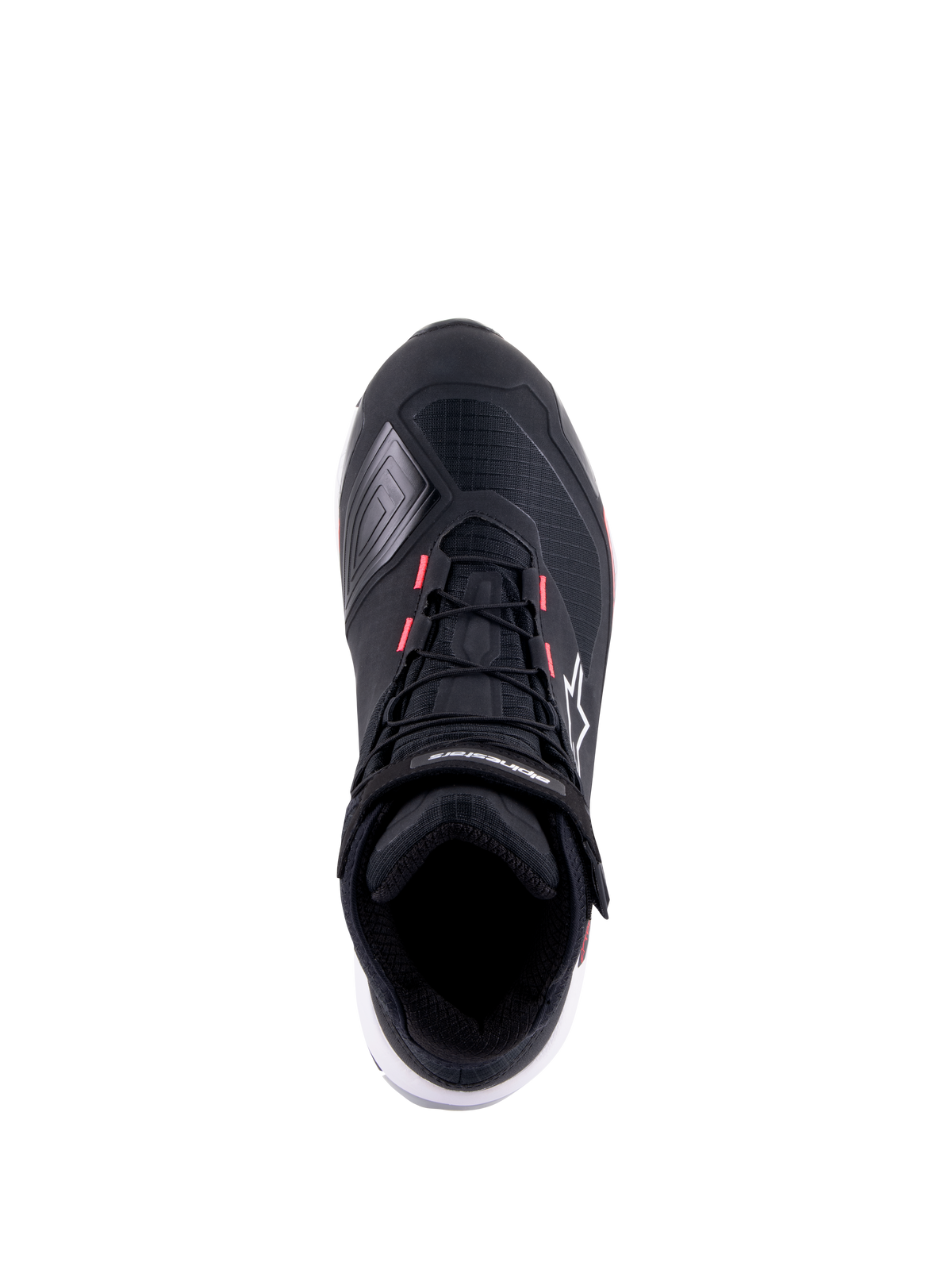 Damskie buty motocyklowe Alpinestars CR-X Drystar, czarno-białe z różowymi akcentami Diva Pink, widok z góry, techniczna cholewka ripstop, różowe detale na przelotkach, logo Alpinestars na pasku przy kostce i z boku.