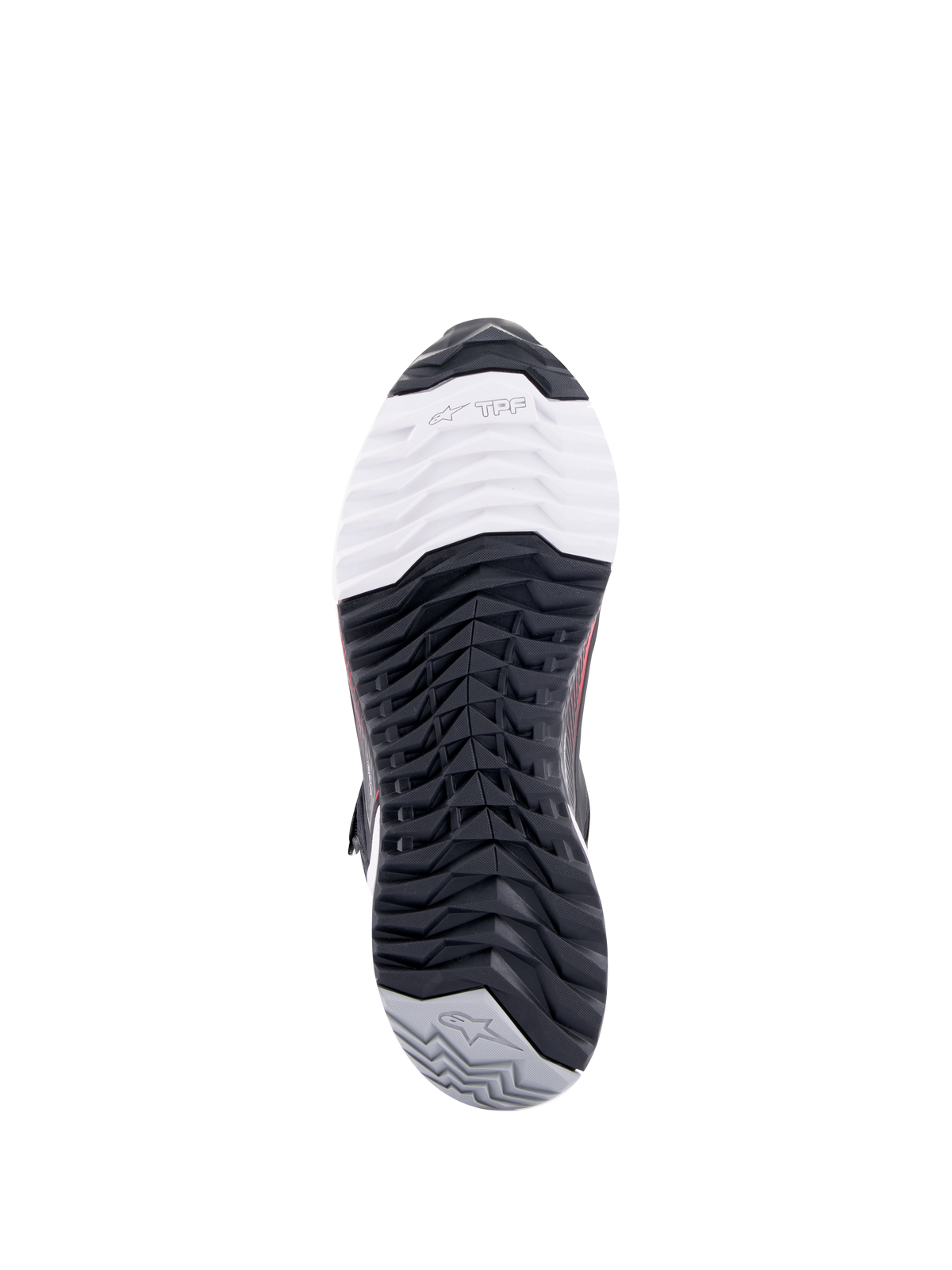 Damskie buty motocyklowe Alpinestars CR-X Drystar®, buty motocyklowe, widok podeszwy zewnętrznej od spodu, oznaczenie TPF Transversal Protection Frame na białej sekcji palców, czarny wielokierunkowy wzór bieżnika oraz szara pięta z logo gwiazdy.