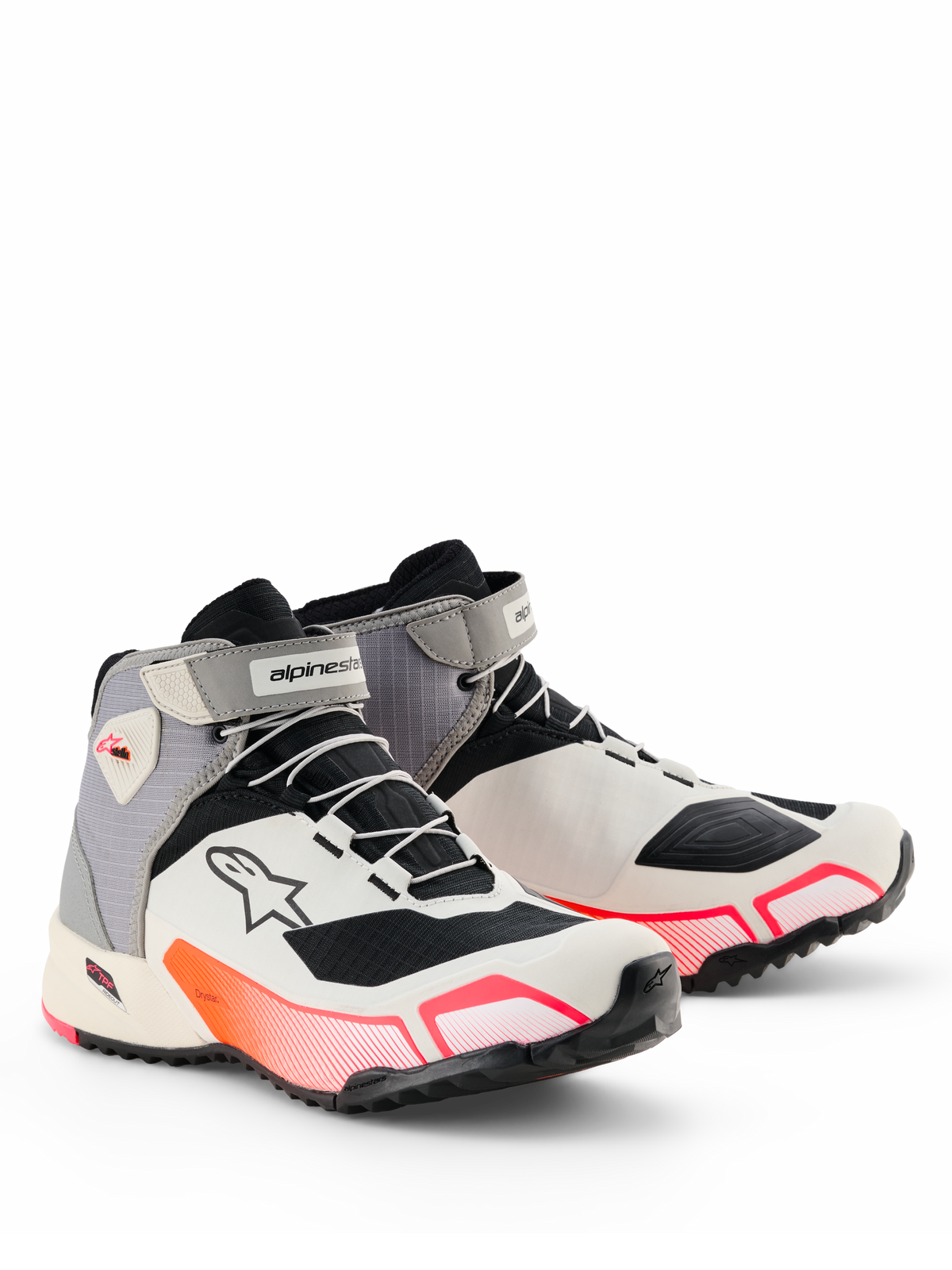 Alpinestars CR-X Women's Drystar® Riding Shoes, Motorcycle Riding Shoes, White Mid Gray Black Diva Pink, sleek athletic silhouette with vibrant pink gradient accents, velcro ankle straps, and Astar logo on the side, waterproof protective footwear for road riding