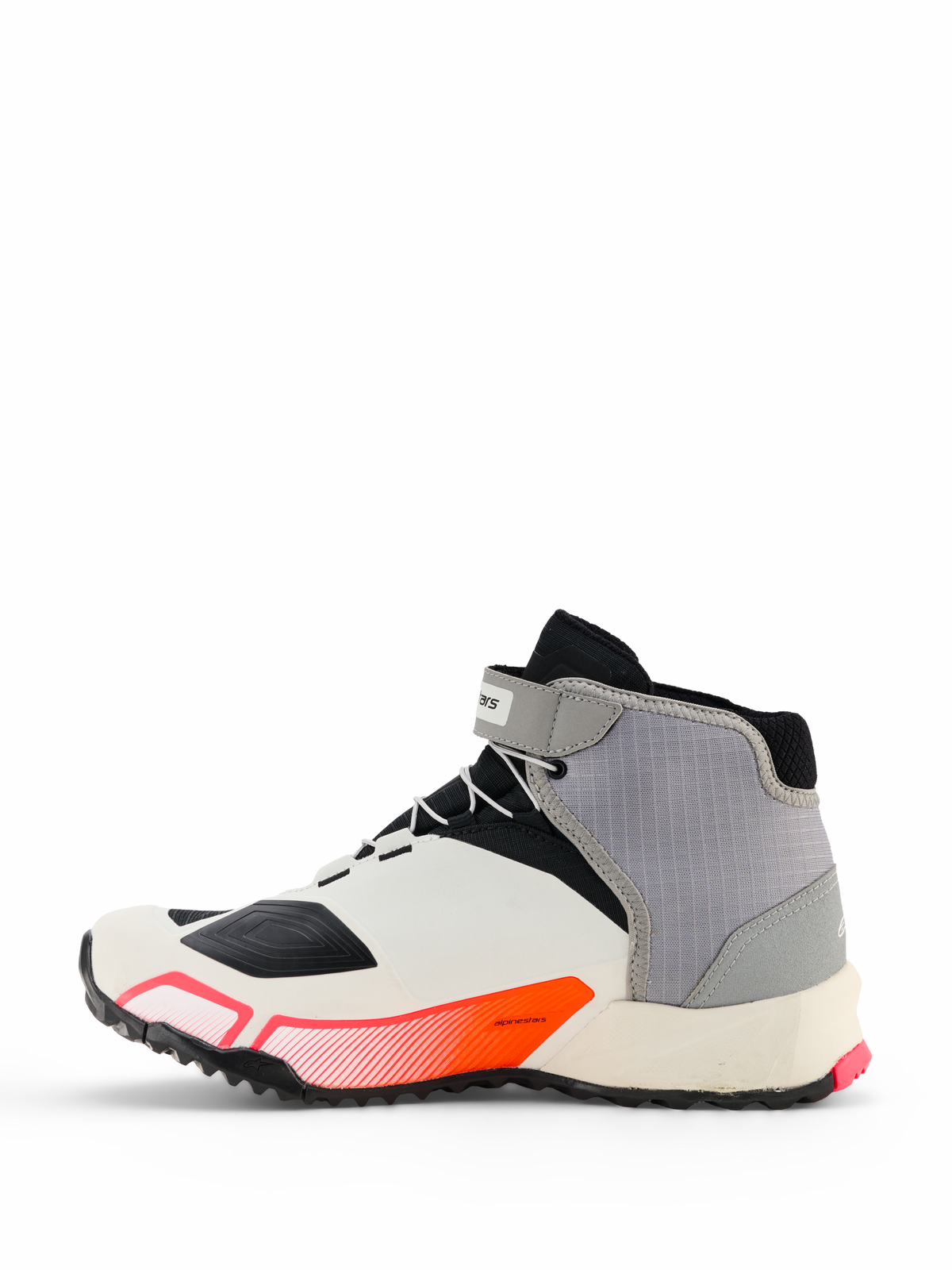 Alpinestars CR-X Women's Drystar® Riding Shoes, motorcycle riding footwear in White, Mid Gray, Black, and Diva Pink, side profile featuring a sporty design with an ankle strap and thick sole, designed for all-day walking comfort and protection