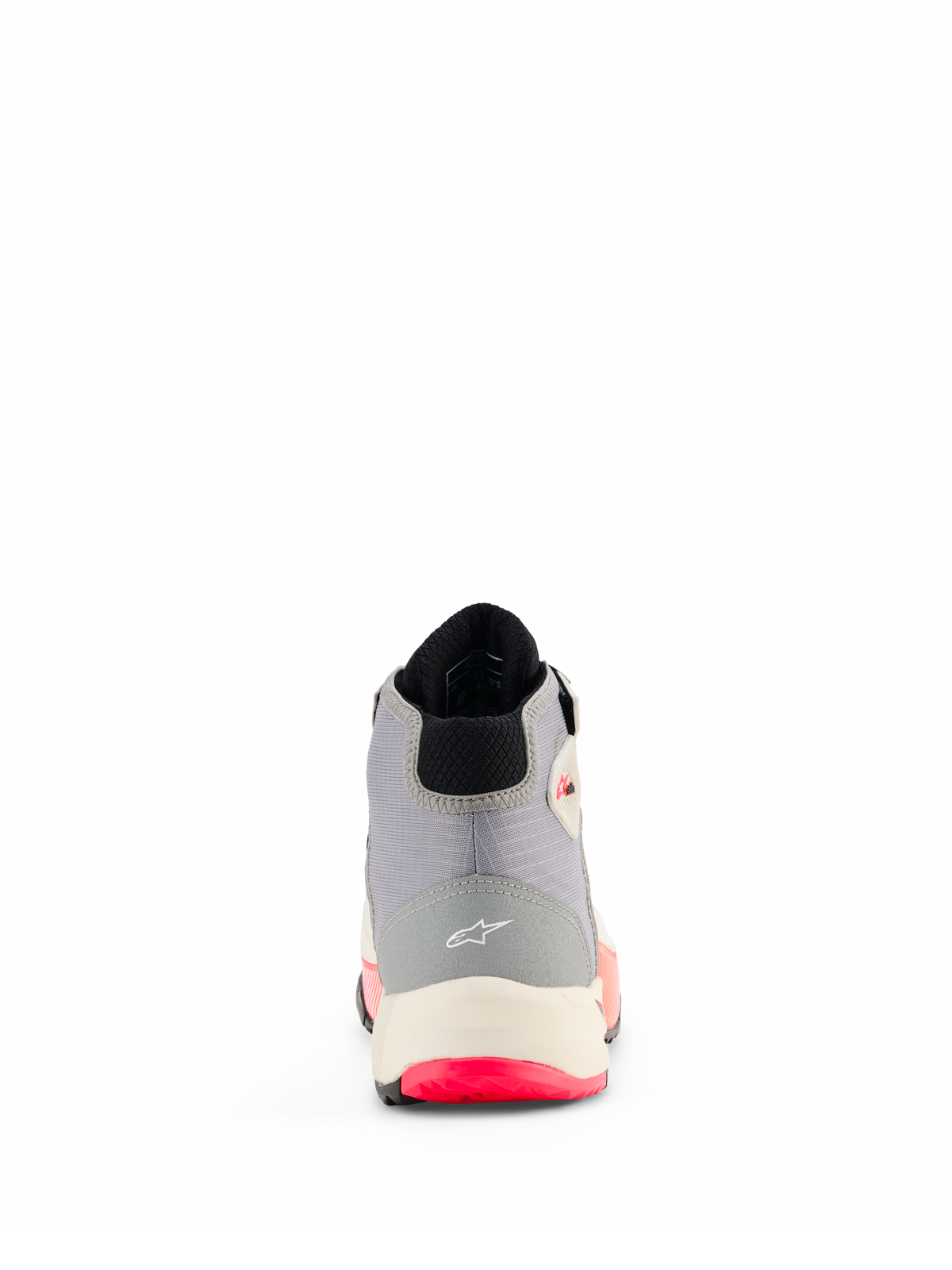 Alpinestars CR-X Women's Drystar® Riding Shoes, Motorcycle Riding Shoes, White Mid Gray Black and Diva Pink, rear view showing heel construction with Alpinestars logo, white midsole, and bright pink outsole details.