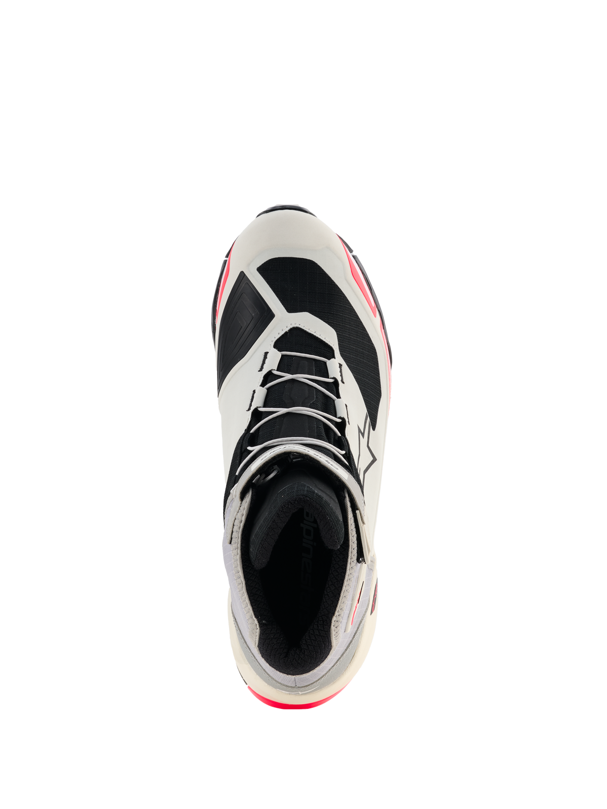 Alpinestars CR-X Women's Drystar® Riding Shoes, White Mid Gray Black and Diva Pink, top-down view highlighting the lacing and inner lining, athletic running shoe-inspired design with pink accents, waterproof motorcycle riding footwear