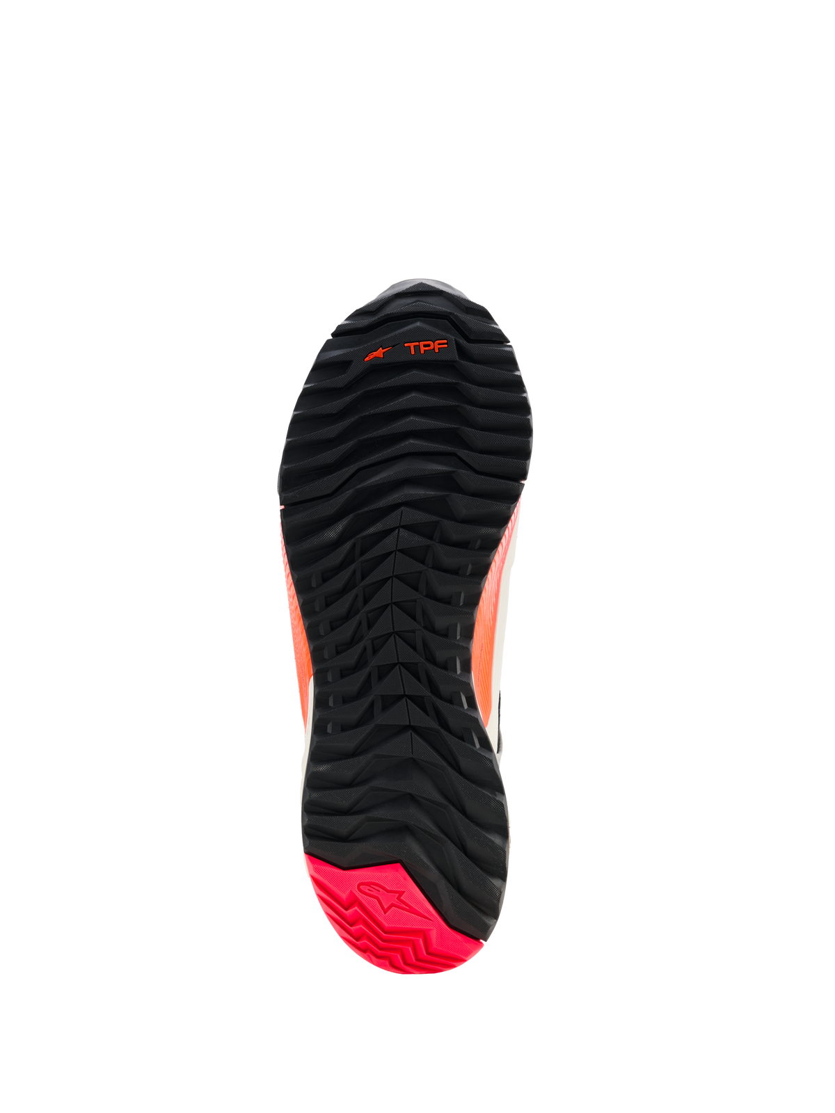 Alpinestars CR-X Women's Drystar® Riding Shoes, Outsole view, Black with Diva Pink heel, rugged tread pattern featuring asymmetric stud configuration, forefoot flex grooves, and TPF branding