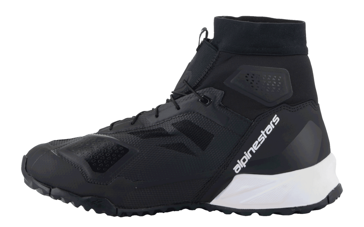 Alpinestars CR-1 Shoes, Motorcycle Riding Shoes, Black and White, side profile featuring microfiber and 3D mesh upper, white midsole at the heel with white Alpinestars branding, high collar design for touring and sport riding