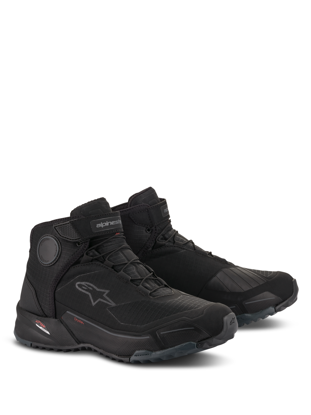 Buty motocyklowe Alpinestars CR-X Drystar®, wodoodporne buty motocyklowe, czarne, sportowy design z dopasowaniem butów do biegania, z wewnętrznymi dyskami kostek, wzmocnieniem pod dźwignię zmiany biegów i wytrzymałą gumową podeszwą zewnętrzną zapewniającą komfort podczas jazdy miejskiej i chodzenia