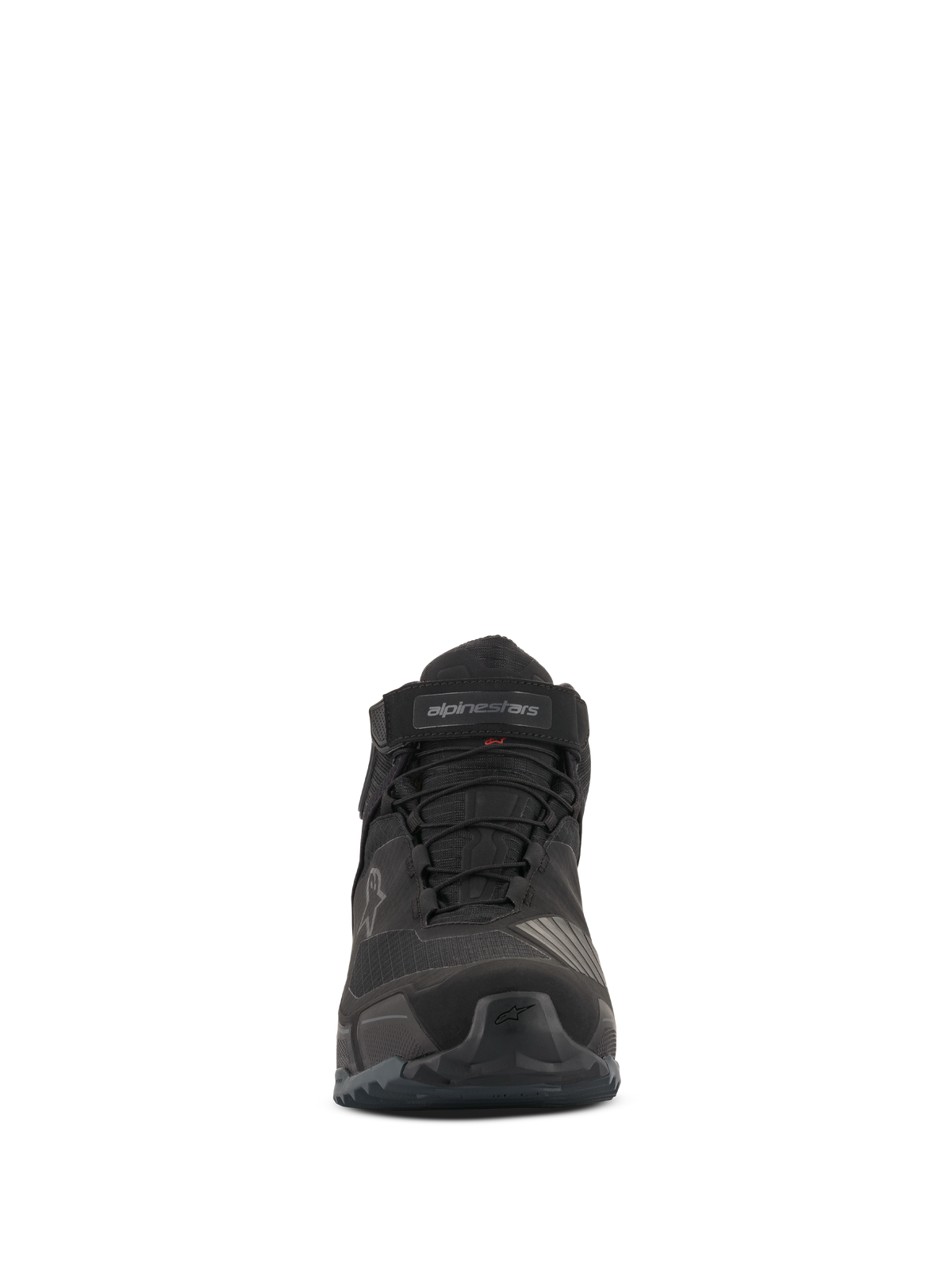 Buty motocyklowe Alpinestars CR-X Drystar®, widok z przodu, całe czarne, wodoodporne obuwie motocyklowe z sznurowadłami i paskiem na rzep wokół kostki, konstrukcja inspirowana sportowymi butami do biegania