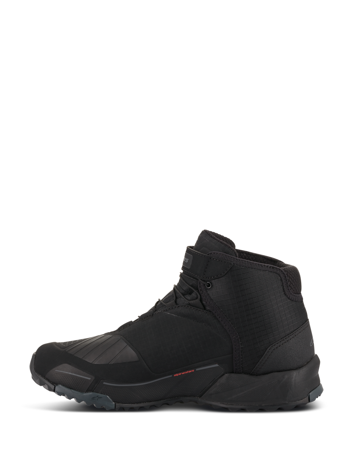 Alpinestars CR-X Drystar Riding Shoes, buty motocyklowe, czarne, widok z boku, wysoka cholewka o sylwetce butów do biegania, wzmocniona strefa zmiany biegów z TPU, przyczepna podeszwa z wypustkami, wodoodporna konstrukcja do jazdy miejskiej i szosowej
