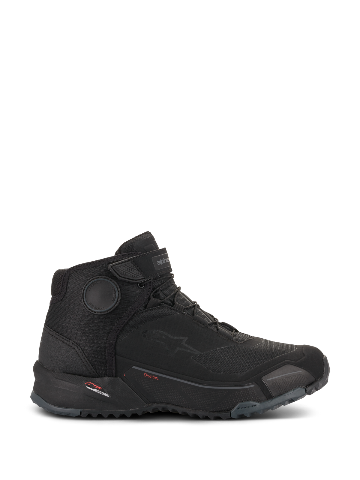 Buty motocyklowe Alpinestars CR-X Drystar®, buty motocyklowe, czarne, widok z boku, smukły design inspirowany sneakersami z wytrzymałą podeszwą zewnętrzną, z oznaczeniem Drystar i ochronnymi dyskami na kostkach