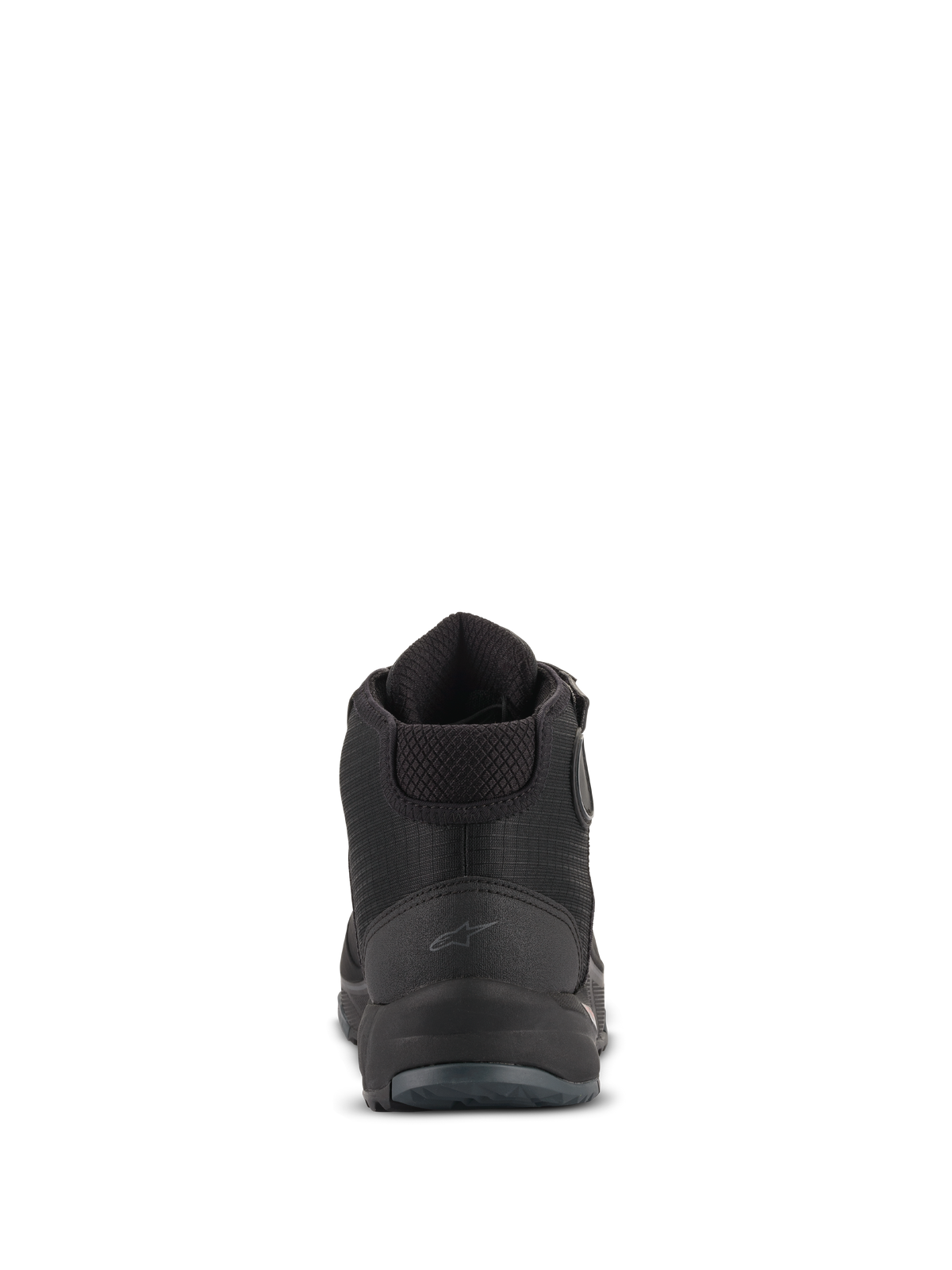 Buty motocyklowe Alpinestars CR-X Drystar®, widok z tyłu, czarne, z subtelnym logo Astars na pięcie, wyściełanym kołnierzem kostki i teksturowanym zapiętkiem, wodoodporne obuwie motocyklowe do użytku szosowego i miejskiego