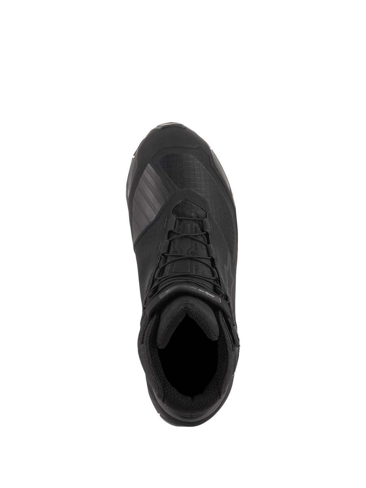 Alpinestars CR-X Drystar® Riding Shoes, czarne, widok z góry ukazujący techniczną konstrukcję tekstylną, zintegrowane sznurowadła z paskiem na kostkę i ochronną strefę zmiany biegów z TPU, wodoodporne obuwie motocyklowe zaprojektowane z myślą o całodniowym komforcie.