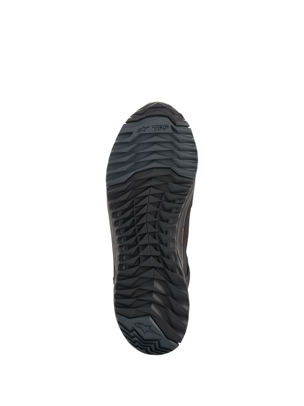 Alpinestars CR-X Drystar® Riding Shoes, buty motocyklowe, czarne, widok podeszwy od dołu przedstawiający asymetryczną konfigurację wypustek, olejoodporną mieszankę gumy oraz branding Alpinestars