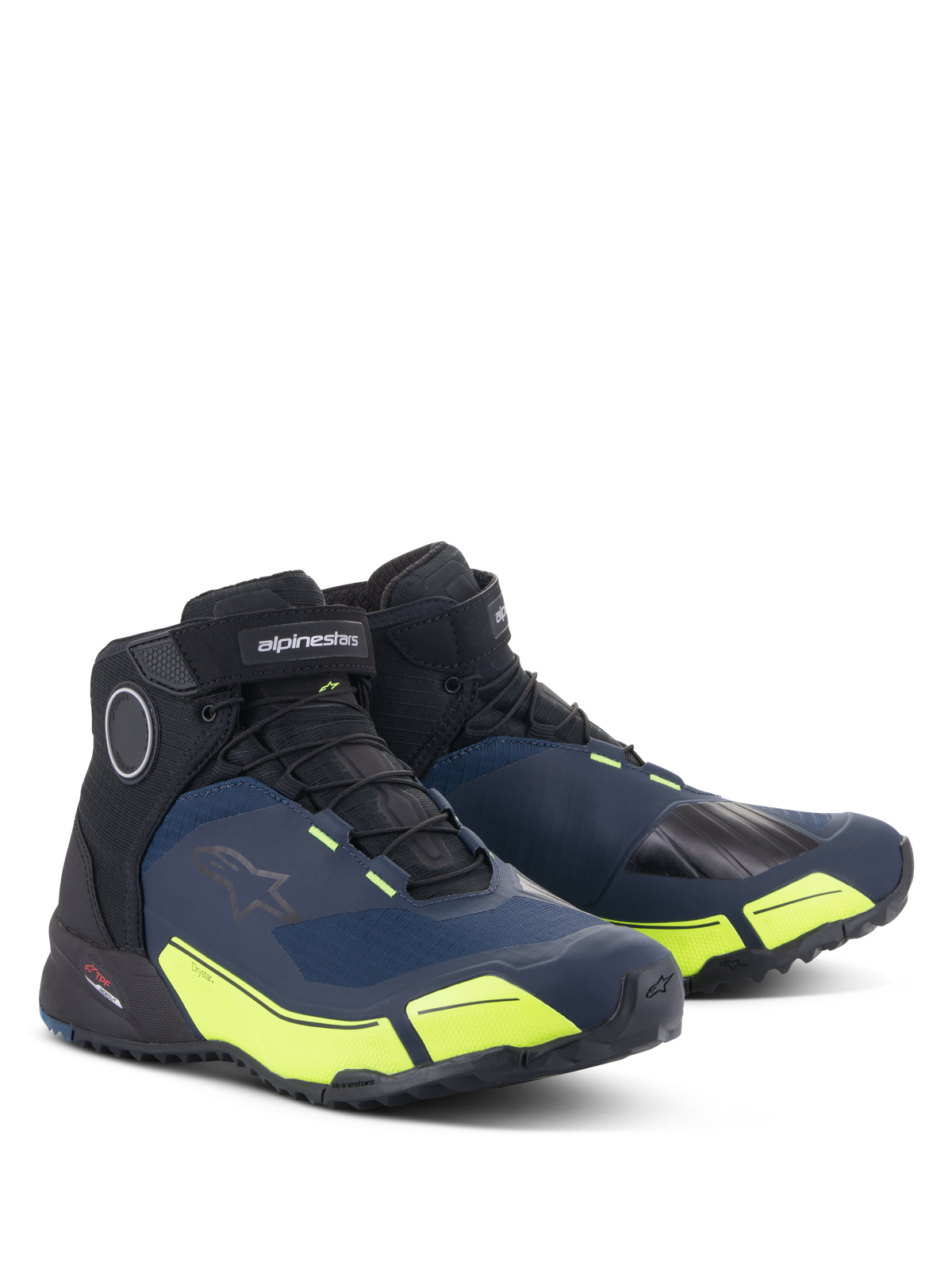 Alpinestars CR-X Drystar® Riding Shoes, czarne, ciemnoniebieskie i żółte fluo, wodoodporne buty motocyklowe o sylwetce butów do biegania, konstrukcja o średniej wysokości ze sportową stylistyką i jaskrawymi żółtymi akcentami fluo.