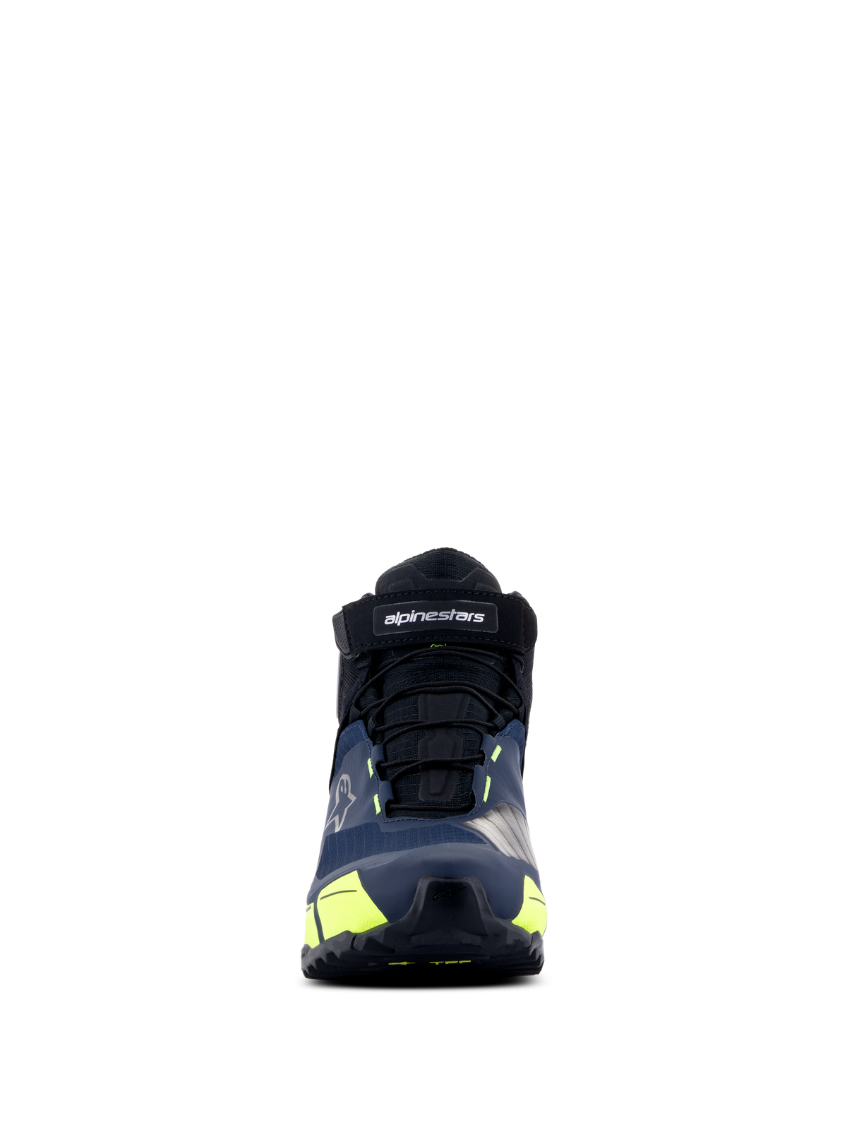 Alpinestars CR-X Drystar® Riding Shoes, buty motocyklowe, czarne, granatowe i żółte fluorescencyjne, widok z przodu, pasek na rzep z logo Alpinestars, czarne sznurowadła i jaskrawożółte akcenty, sportowy design zapewniający komfort przez cały dzień
