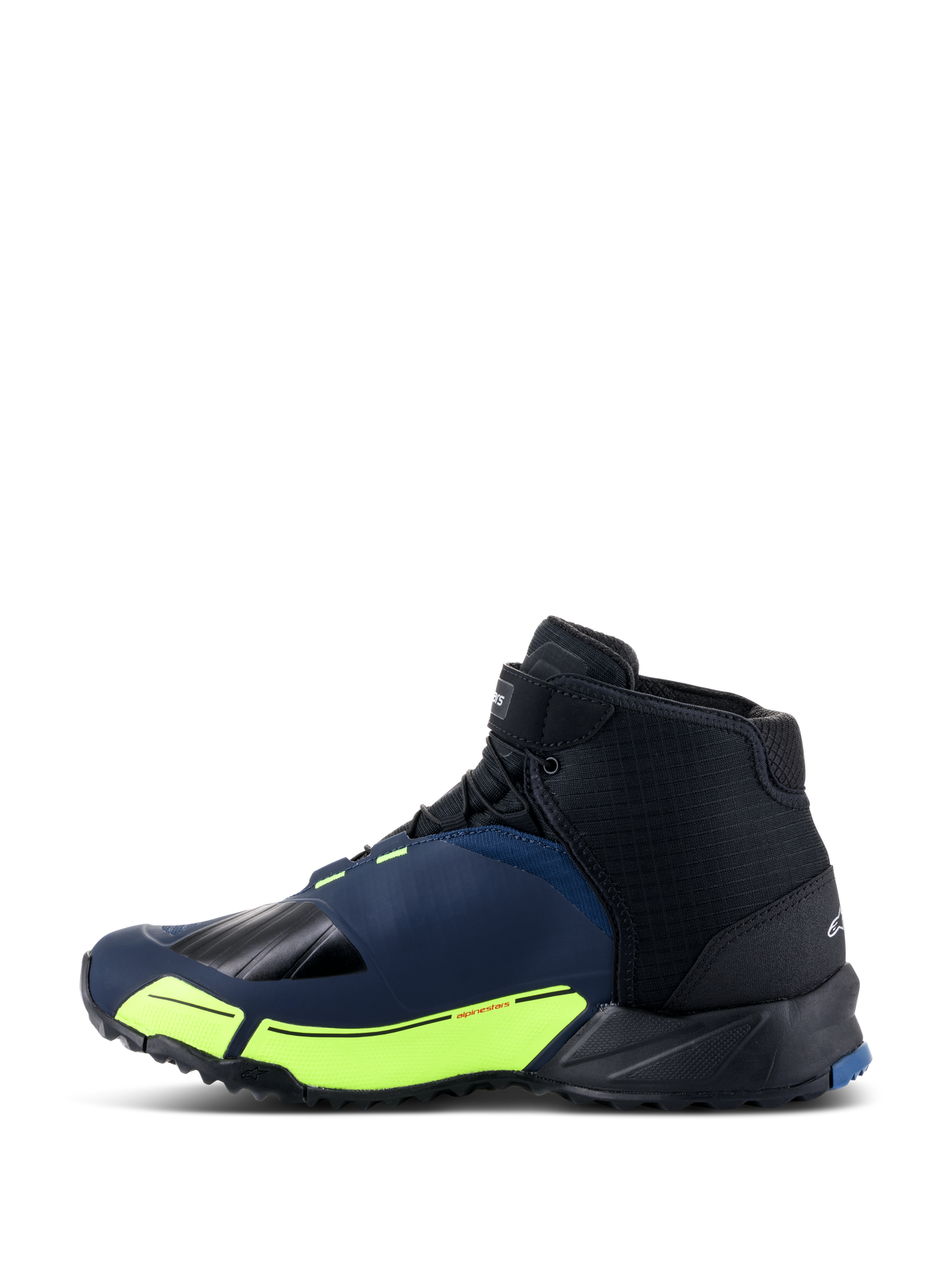 Alpinestars CR-X Drystar® Riding Shoes, buty motocyklowe, czarne, ciemnoniebieskie i żółte neonowe, profil boczny o sylwetce buta do biegania, wodoodporna membrana Drystar, neonowożółte akcenty na podeszwie środkowej oraz wzmocniony nosek i pięta dla ochrony