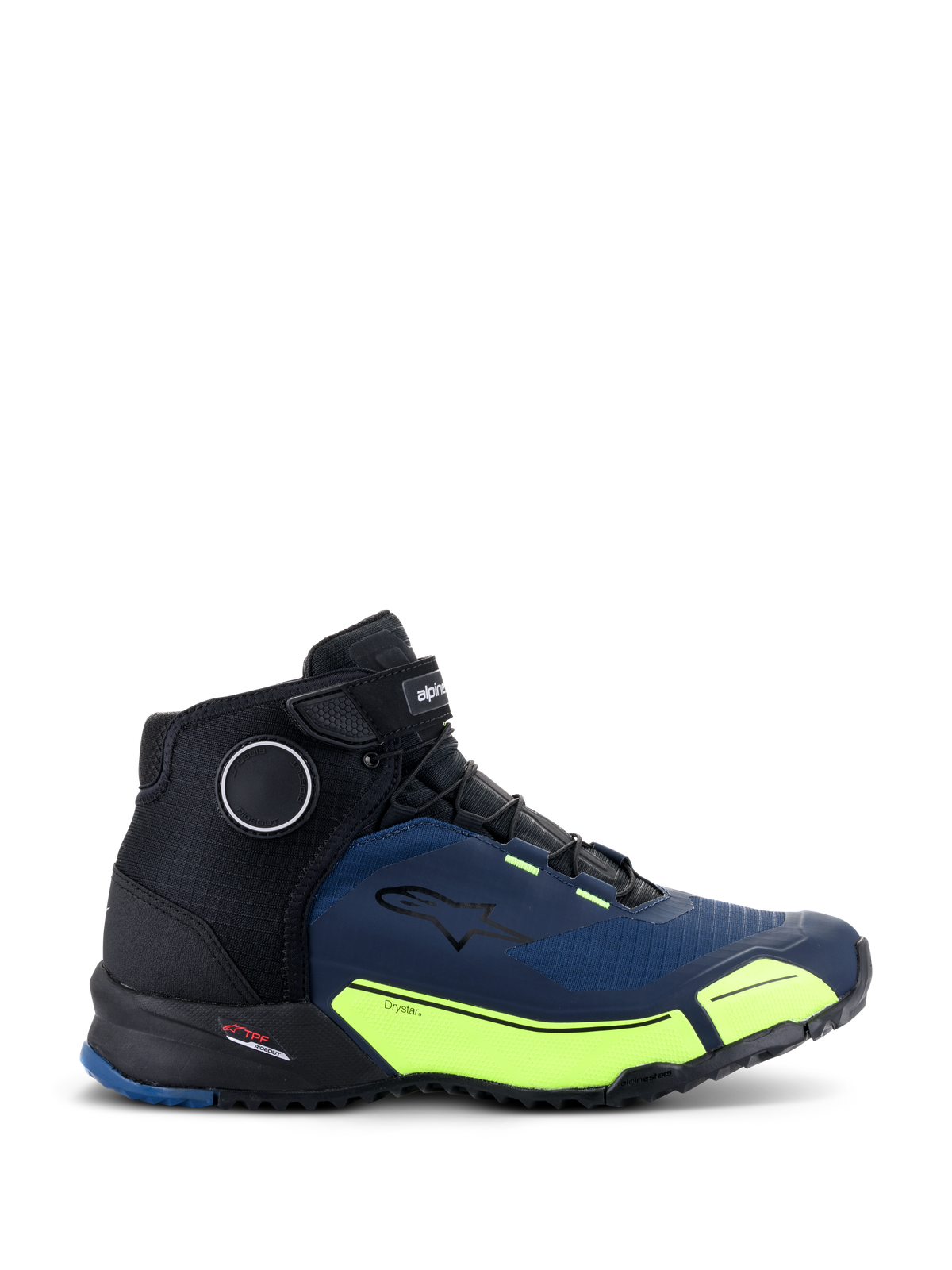 Buty motocyklowe Alpinestars CR-X Drystar®, czarne, ciemnoniebieskie i żółte fluo, obuwie motocyklowe o sportowym designie, z jaskrawożółtymi akcentami i ciemnoniebieskimi panelami, wodoodporna konstrukcja o sylwetce butów do biegania dla całodziennego komfortu.