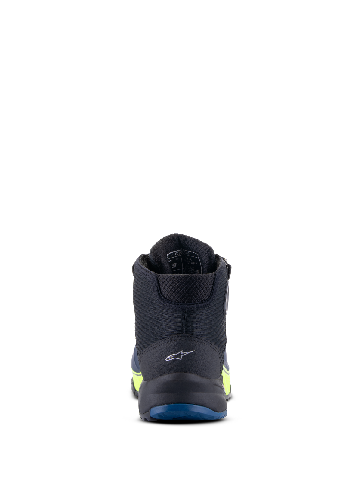 Alpinestars CR-X Drystar® Riding Shoes, buty motocyklowe, czarne, ciemnoniebieskie i żółte fluo, widok z tyłu eksponujący logo na pięcie i niebieską podeszwę zewnętrzną, wodoodporność z żółtymi fluorescencyjnymi akcentami