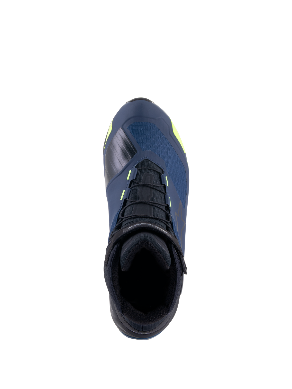 Buty motocyklowe Alpinestars CR-X Drystar®, widok z góry, czarne, ciemnoniebieskie i żółte fluo, wodoodporne buty o sylwetce butów do biegania, czarne sznurowadła i jaskrawe żółte akcenty na ciemnoniebieskiej cholewce