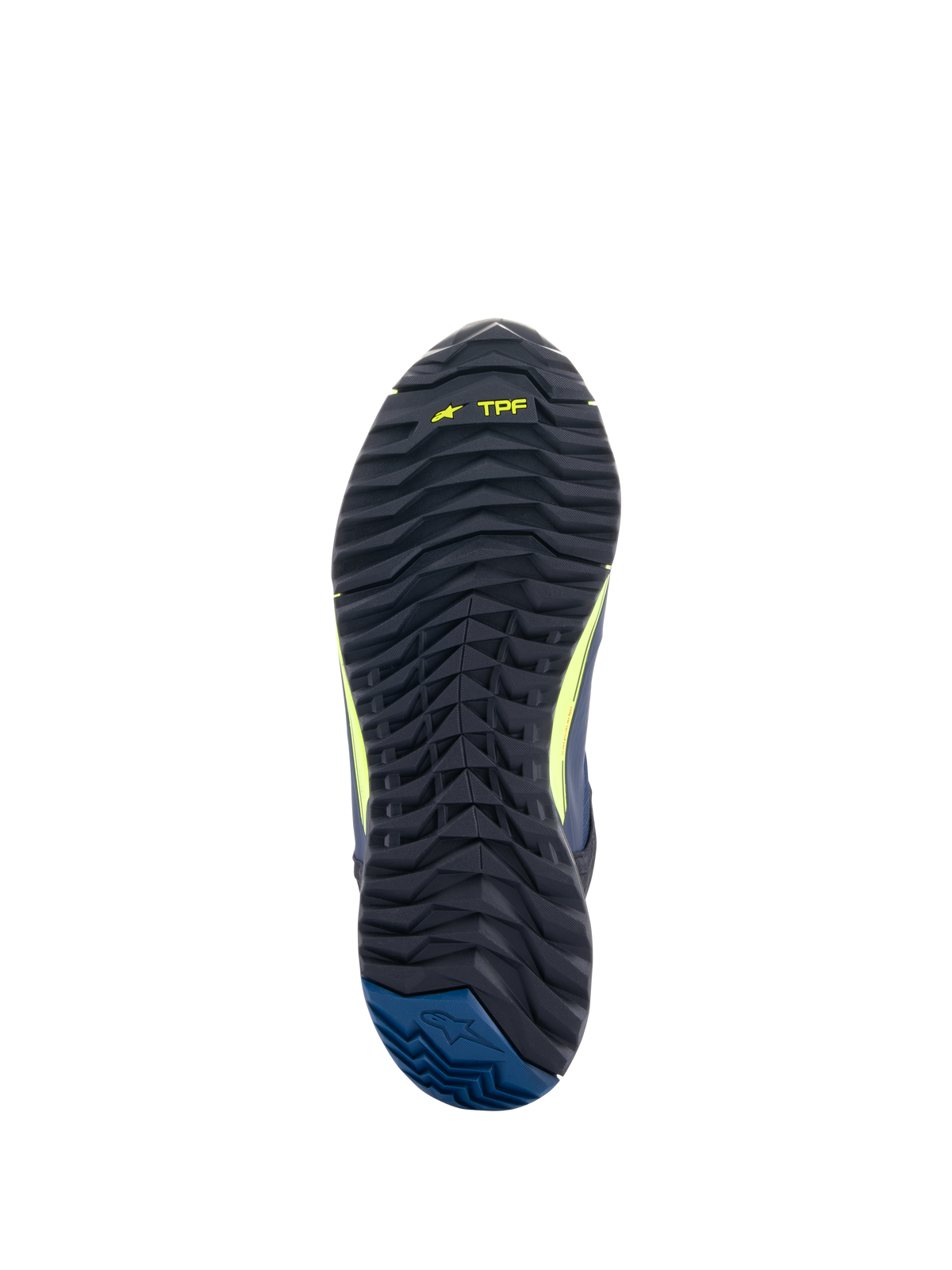 Alpinestars CR-X Drystar® Riding Shoes, widok podeszwy, czarne z żółtym fluorescencyjnym brandingiem TPF i ciemnoniebieską piętą, wytrzymały teksturowany bieżnik zapewniający przyczepność i komfort chodzenia przez cały dzień
