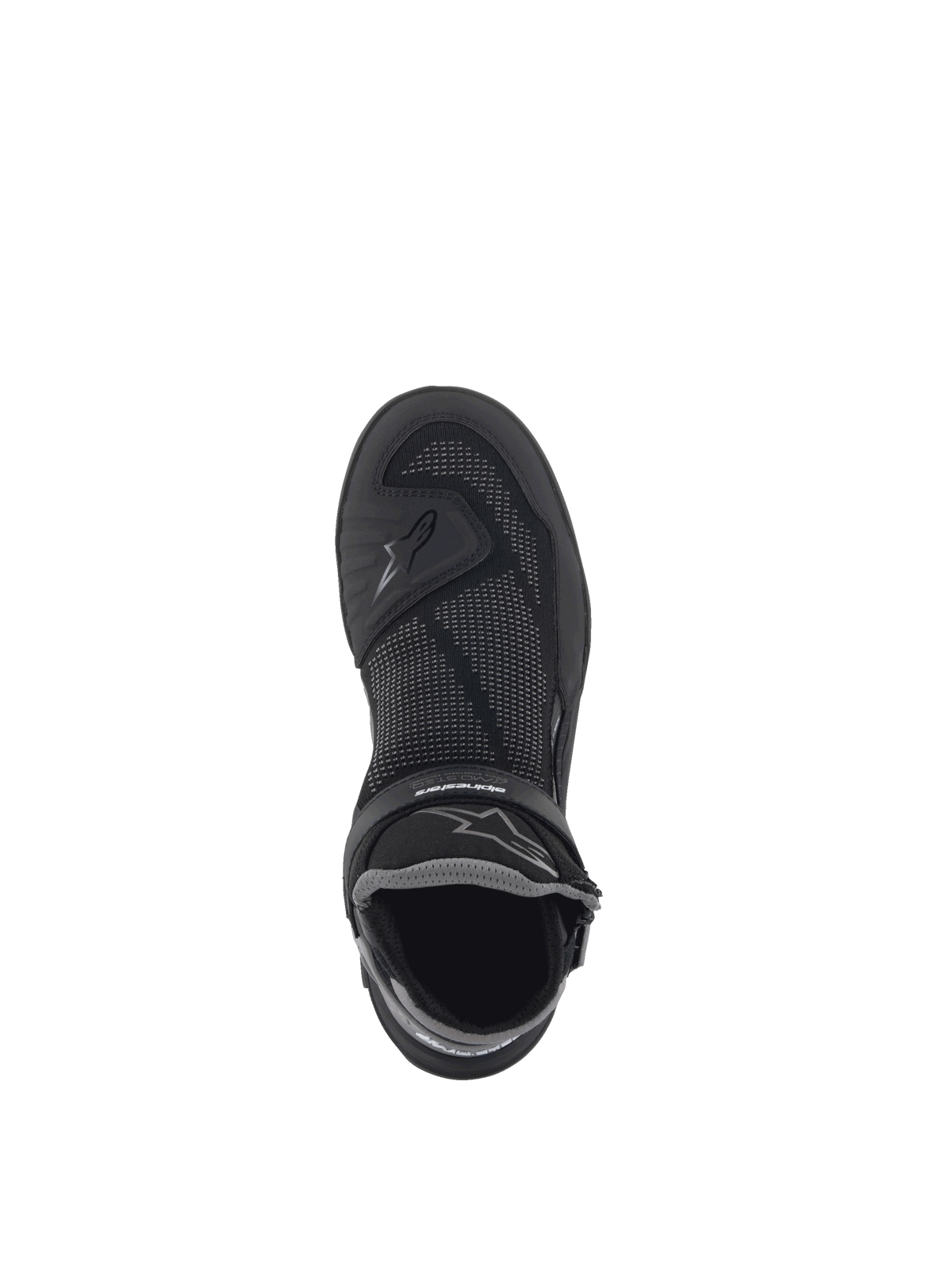 Buty Alpinestars Speedflight Street, miejskie buty motocyklowe, czarne i szare, widok z góry na cholewkę z siatki i logo.