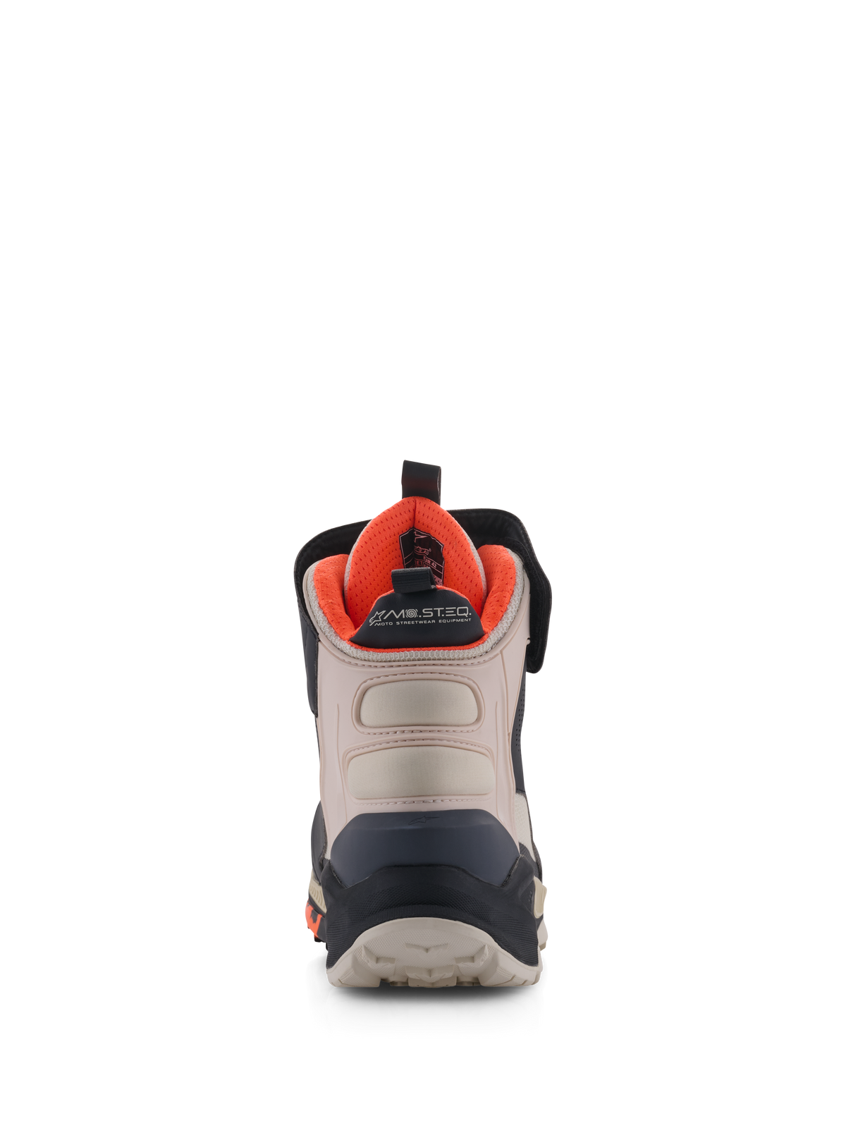 Buty Alpinestars Speedstreet, buty motocyklowe, czarne, migdałowe i jaskrawopomarańczowe, widok z tyłu pokazujący wzmocniony zapiętek, migdałowe panele z mikrofibry, jaskrawopomarańczowa wyściółka i branding MO.ST.EQ.