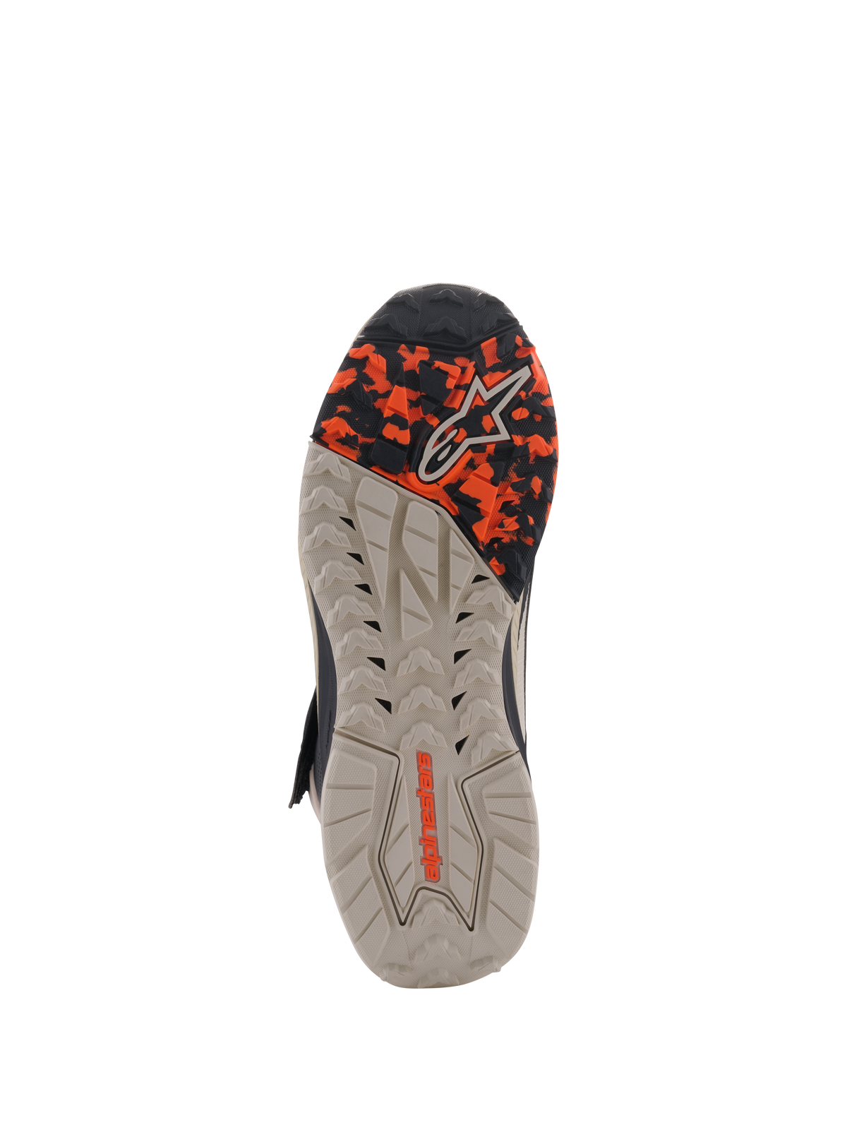 Buty Alpinestars Speedstreet, widok podeszwy zewnętrznej, kolor Black Almond Hot Orange, olejoodporna gumowa podeszwa o różnorodnej teksturze z przednią częścią we wzór kamuflażu i wytłoczonym logo Alpinestars, zaprojektowane dla zapewnienia przyczepności i stabilności