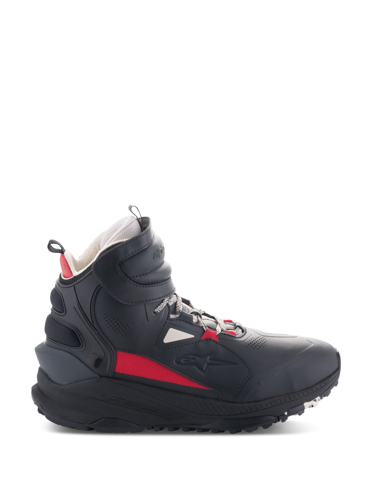 Buty Alpinestars Speedstreet, motocyklowe buty do jazdy, czarne, ecru i jasnoczerwone, wysoki profil boczny, design inspirowany stylem streetwearowym, wyściełany kołnierz kostki, gruba podeszwa z oznaczeniem TPF, obuwie ochronne do jazdy miejskiej