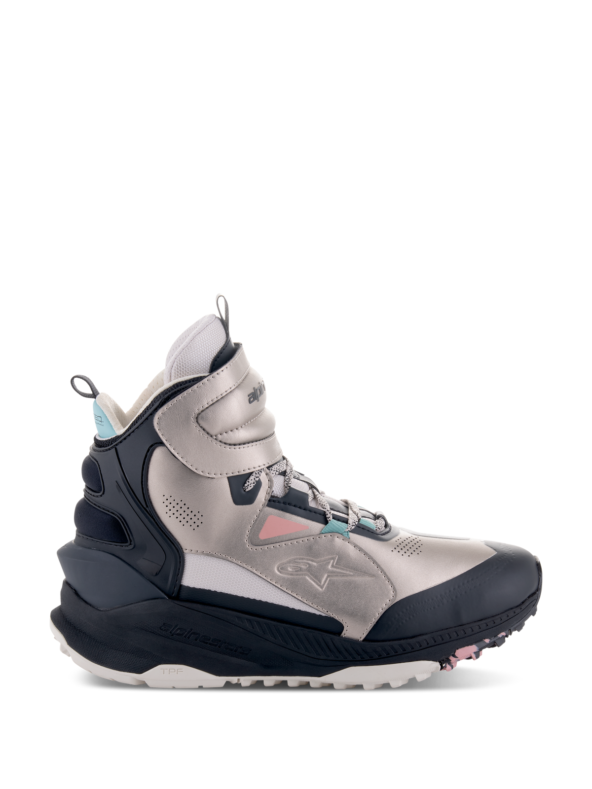Buty Alpinestars Speedstreet, wysokie buty motocyklowe, kolory ecru, koralowy, czarny i aqua, cholewka z mikrofibry w odcieniu metalicznego srebra z czarnymi panelami ochronnymi, koralowe i błękitne akcenty, masywna podeszwa z logo TPF, miejski design streetwearowy