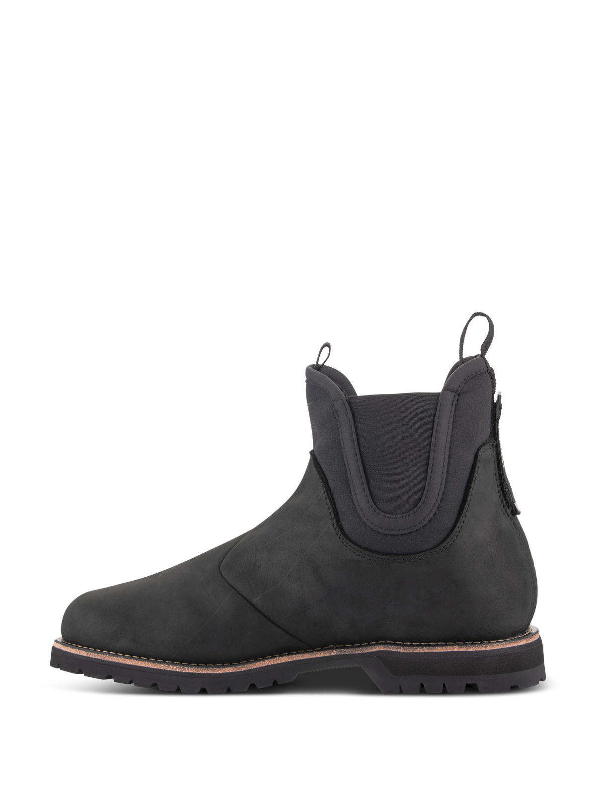 Alpinestars Turnstone Shoes, czarne buty motocyklowe w stylu Chelsea, widok z boku, wykonane z 1,5 mm skóry bydlęcej z elastycznymi panelami na kostkach oraz przednim i tylnym uchwytem