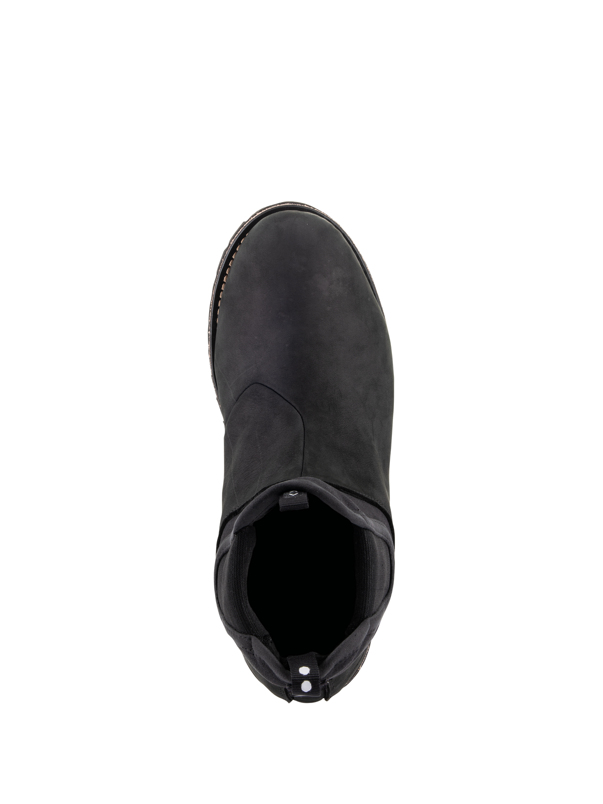 Alpinestars Turnstone Shoes, czarne, widok z góry na miejskie buty motocyklowe wykonane ze skóry bydlęcej, elastyczne wejście w stylu Chelsea, tylny uchwyt z białymi kropkami, minimalistyczne obuwie ochronne do użytku szosowego.