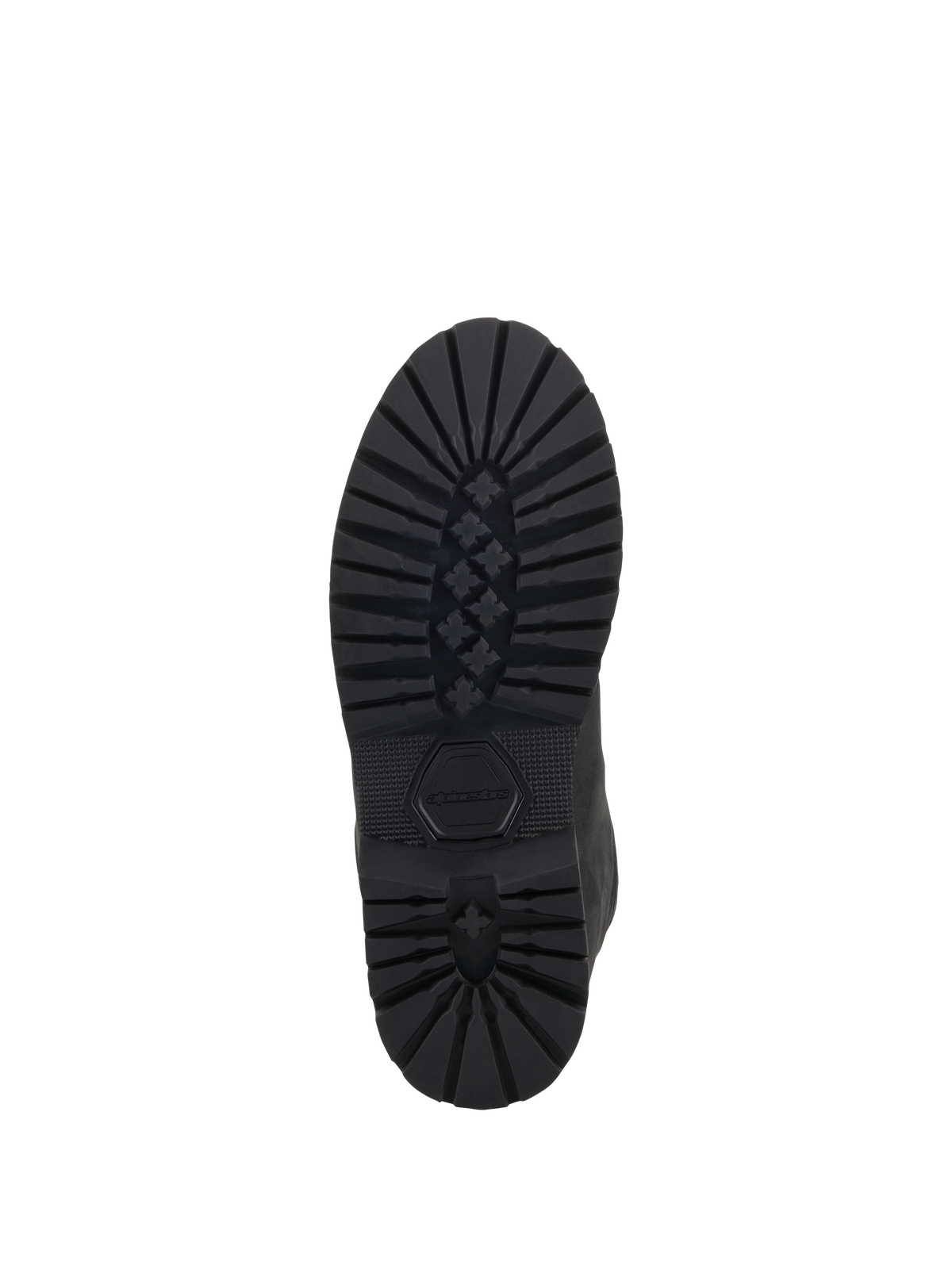 Alpinestars Turnstone Shoes, czarne, widok od dołu wytrzymałej gumowej podeszwy zewnętrznej z głębokim bieżnikiem w kształcie gwiazdy i wytłoczonym logo Alpinestars, wytrzymałe miejskie obuwie motocyklowe