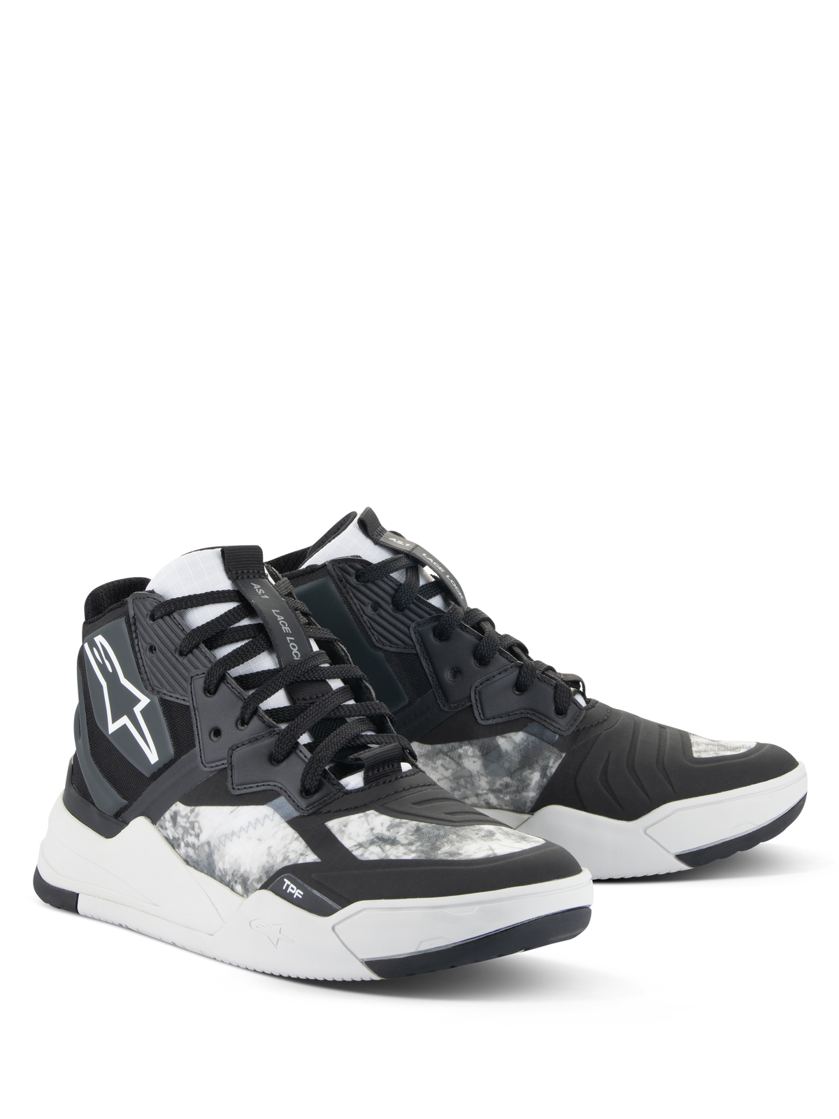 Buty Alpinestars Speedflight, buty motocyklowe, czarno-szaro-białe, z marmurkowym wzorem, wysoka konstrukcja typu sneakers ze wzmocnionymi panelami, białe logo Alpinestars, wytrzymała gumowa podeszwa