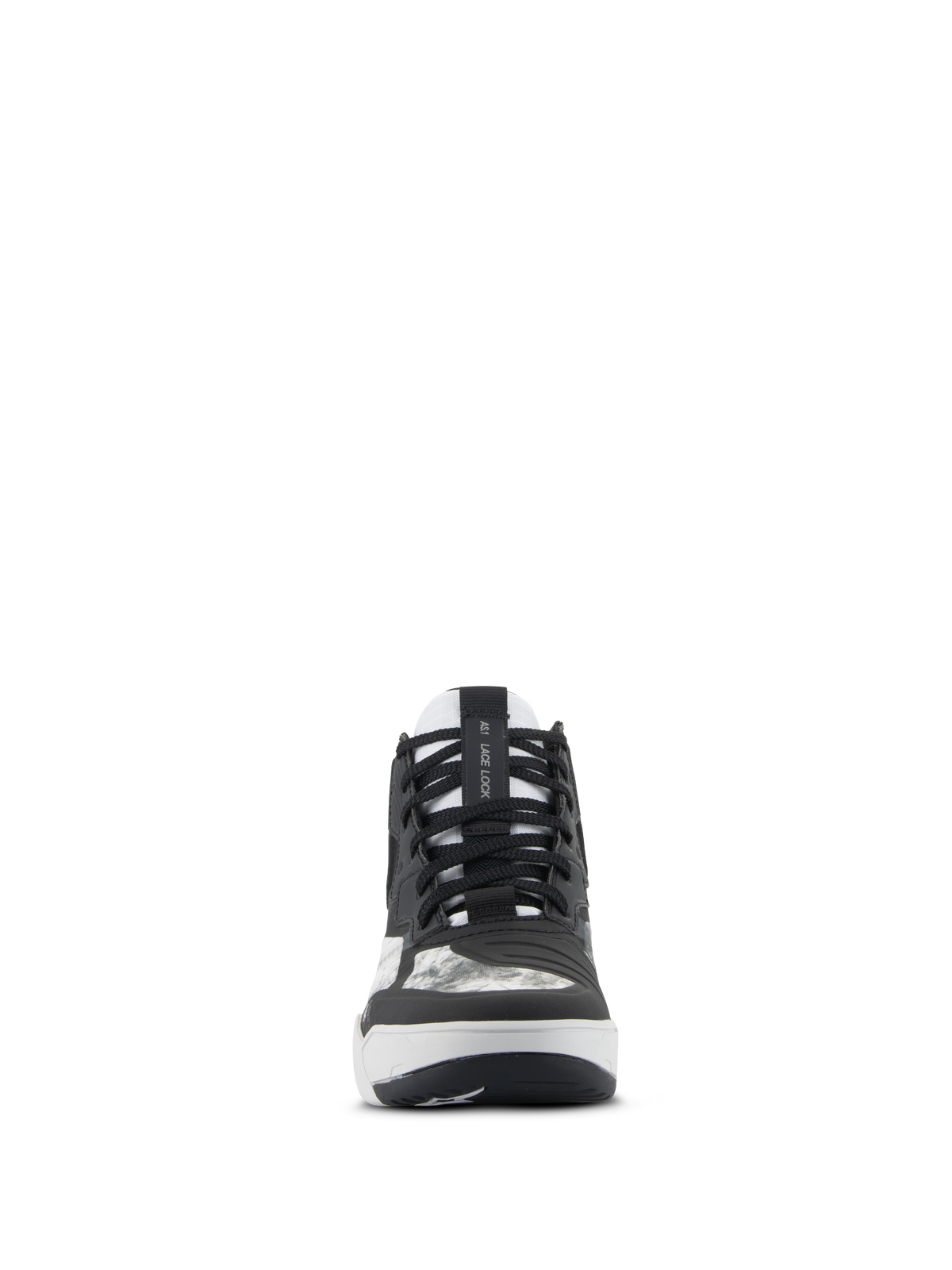 Buty Alpinestars Speedflight, buty motocyklowe, czarno-szaro-białe, widok z przodu z czarnymi sznurowadłami, paskiem AS1 Lace Lock na języku i zintegrowaną nakładką na zmianę biegów, sportowe obuwie w stylu ulicznym