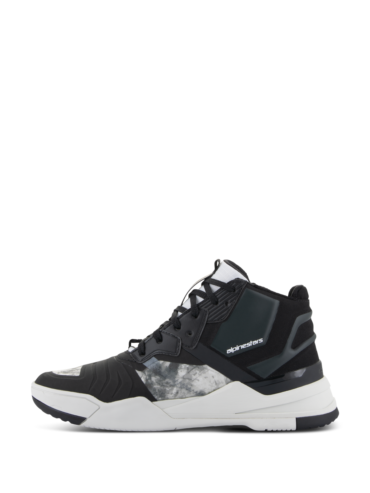 Buty Alpinestars Speedflight, buty motocyklowe, czarno-szaro-białe, widok z boku przedstawiający cholewkę z tkaniny ripstop z szarymi wzorzystymi panelami, czarną wzmocnioną piętę i grubą białą podeszwę środkową z logo marki, miejski design w sportowym stylu