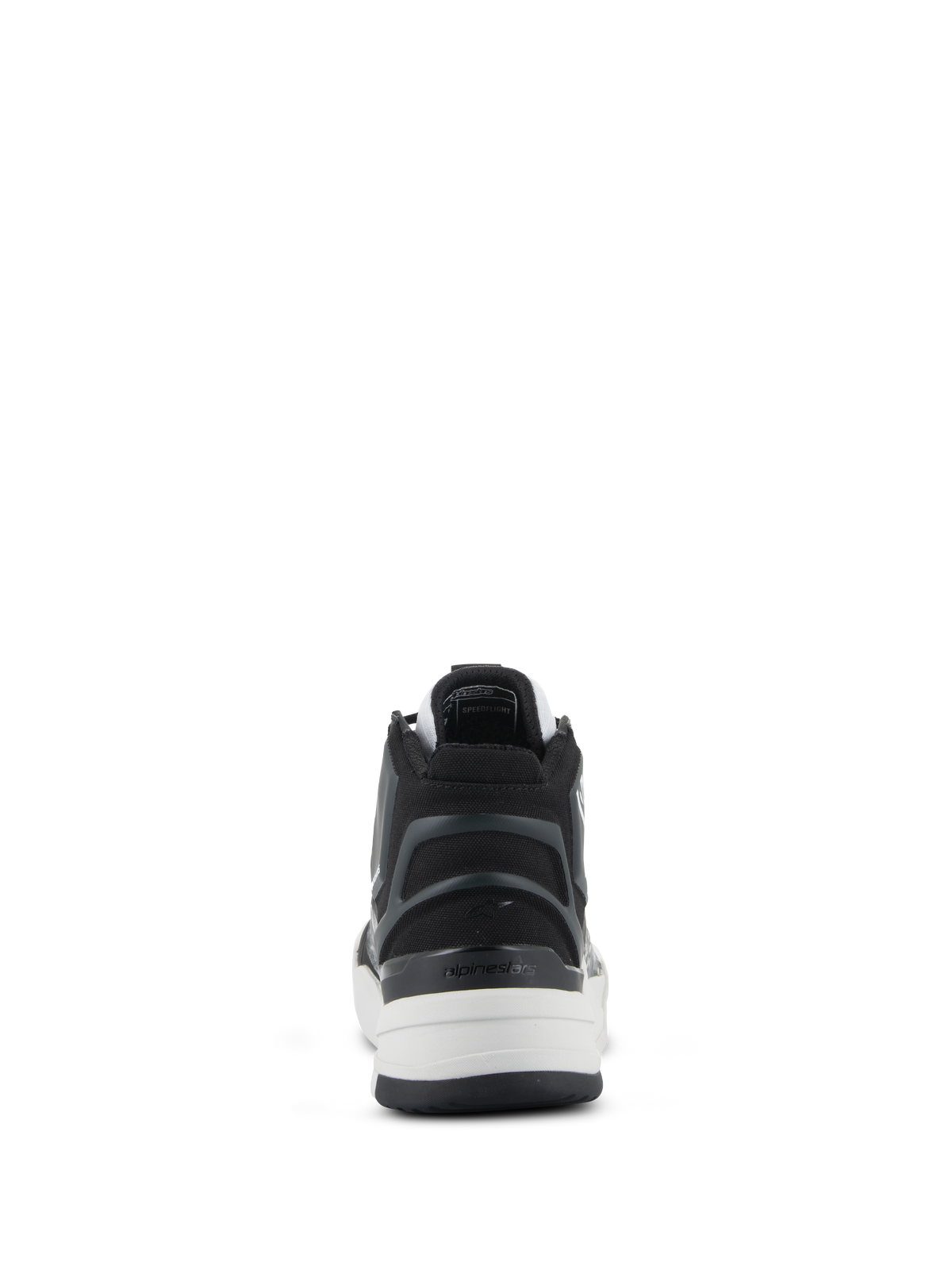 Alpinestars Speedflight Shoes, buty motocyklowe Performance, czarno-szaro-białe, widok z tyłu podkreślający asymetryczny zapiętek TPU z logo, białą podeszwę środkową i sportowy design w stylu miejskim