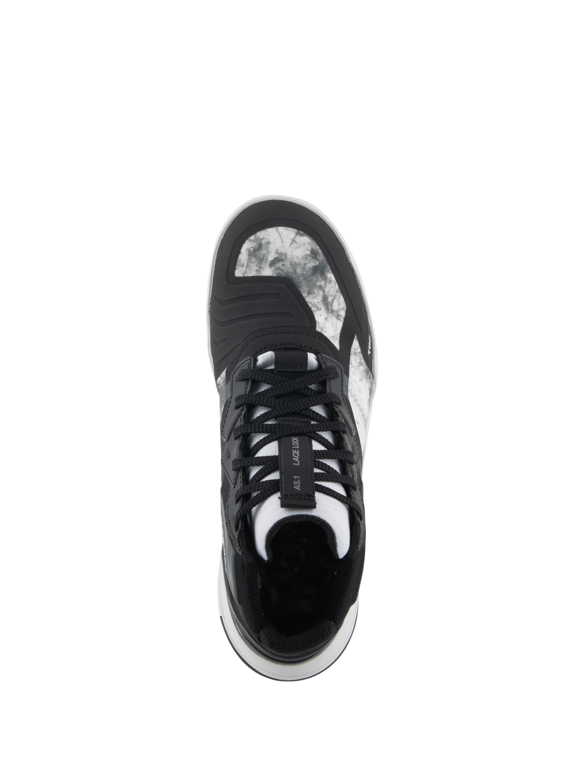 Alpinestars Speedflight Shoes, czarno-szaro-białe, widok z góry pokazujący marmurkową cholewkę ripstop, system blokady sznurowadeł na języku i zintegrowaną nakładkę do zmiany biegów, motocyklowe buty miejskie