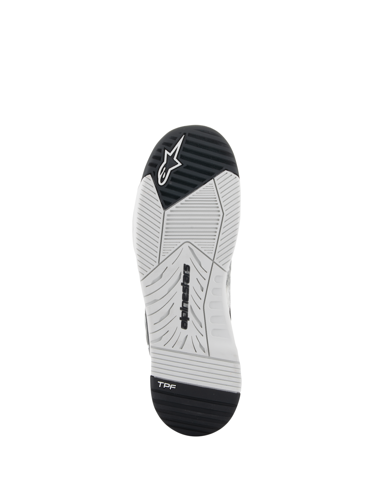 Buty Alpinestars Speedflight, buty motocyklowe, czarno-białe, widok od spodu na podeszwę z gumy o podwójnej gęstości, logo Alpinestars i TPF Transversal Protection Frame, specjalnie zaprojektowany bieżnik zapewniający przyczepność