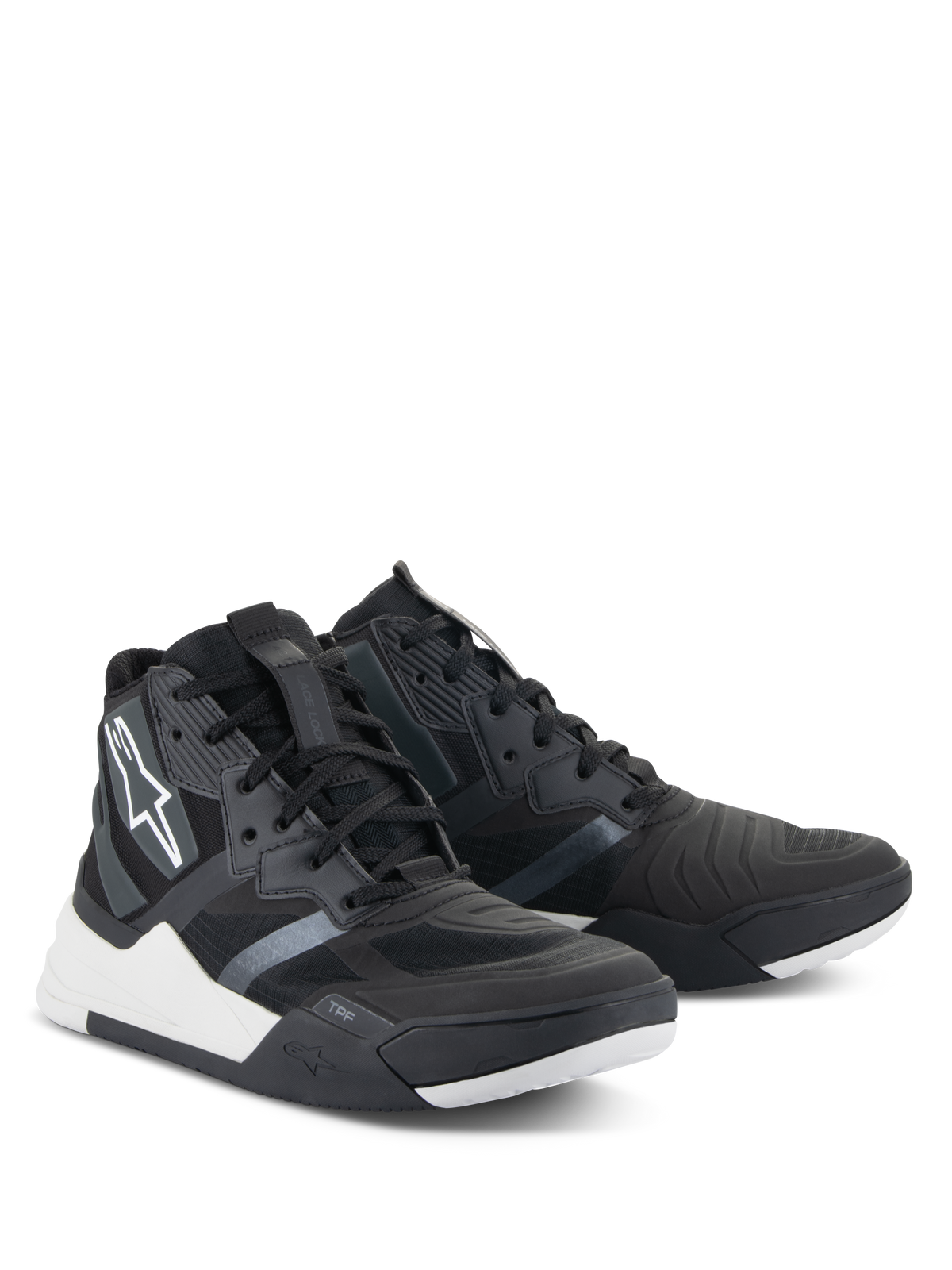 Alpinestars Speedflight Shoes, buty motocyklowe do jazdy, czarno-białe, miejskie sneakersy z cholewką ripstop, białymi akcentami na podeszwie środkowej i logo Alpinestars z boku