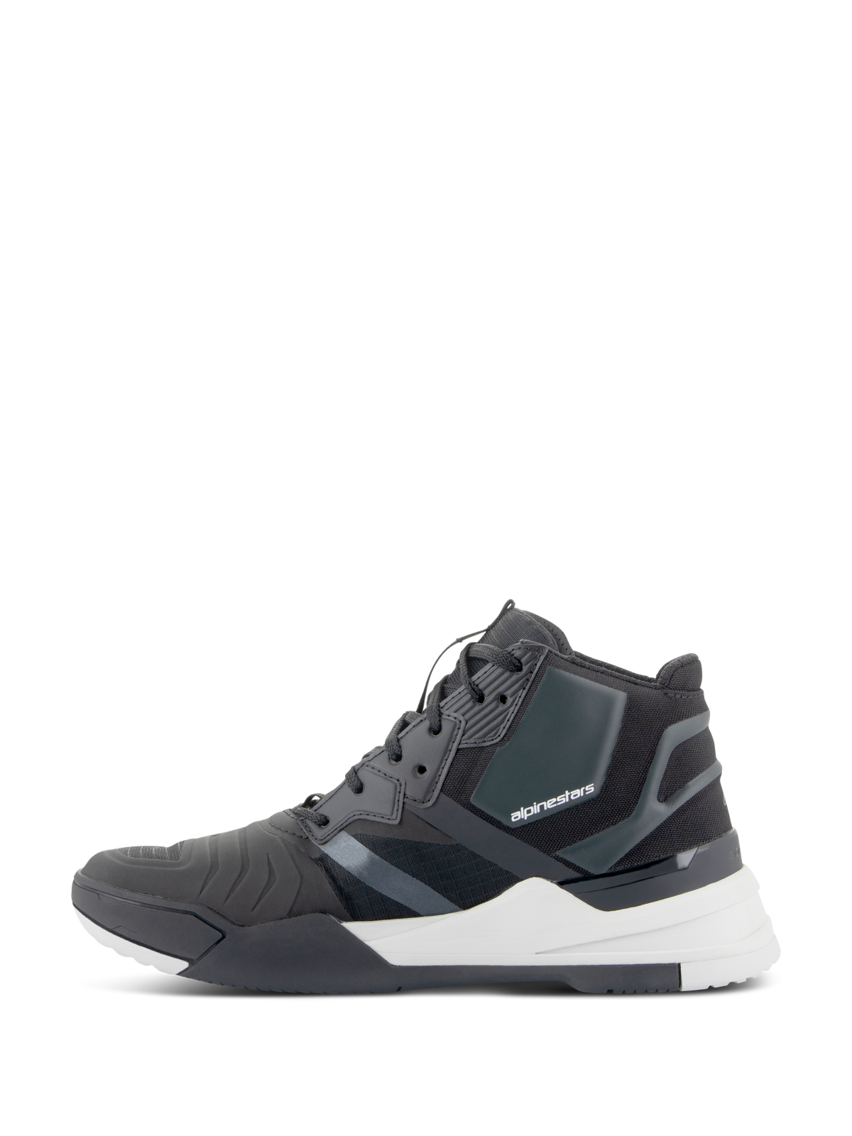 Buty Alpinestars Speedflight, wyczynowe buty motocyklowe, czarno-białe, widok z profilu z cholewką ripstop i bezszwowymi panelami wzmacniającymi, logo Alpinestars z boku, gruba biała podeszwa środkowa, miejskie techniczne obuwie motocyklowe