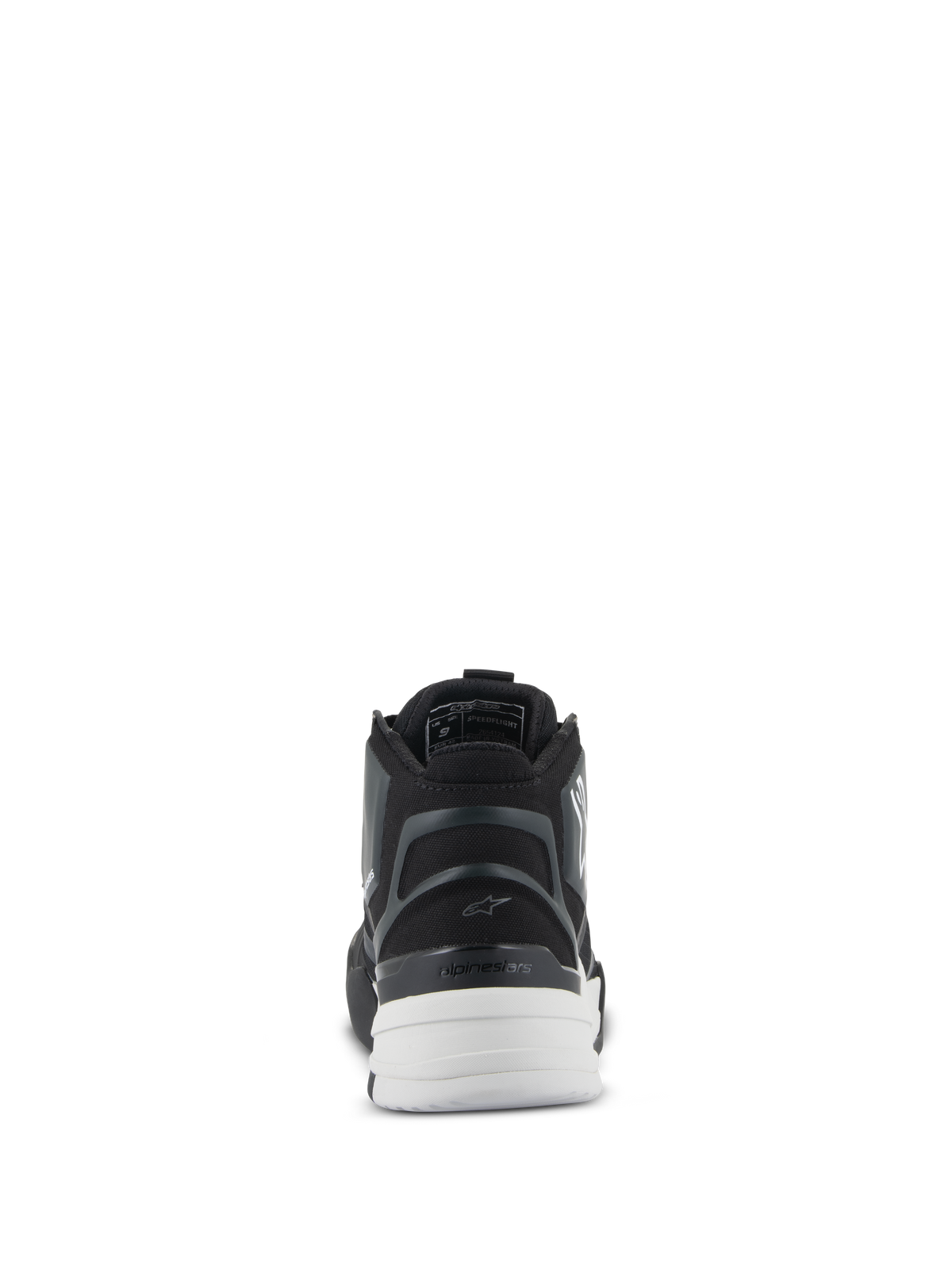 Buty Alpinestars Speedflight, czarno-białe, widok z tyłu z formowaną półsztywną częścią pięty, asymetrycznym zapiętkiem TPU i białą podeszwą o podwójnej gęstości, miejskie obuwie motocyklowe