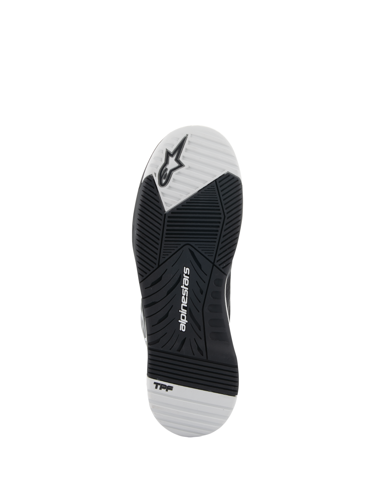 Buty Alpinestars Speedflight, czarno-białe, widok podeszwy zewnętrznej z gumy o podwójnej gęstości, logo Alpinestars i oznaczenie TPF, asymetryczny wzór bieżnika zapewniający przyczepność i stabilność podczas jazdy na motocyklu