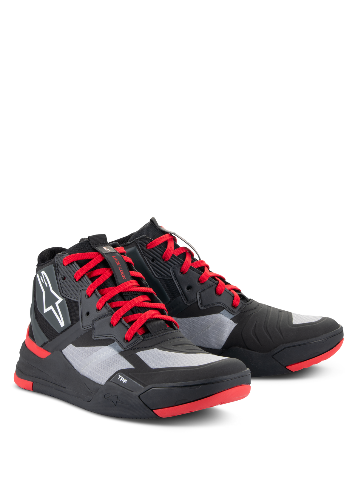 Buty Alpinestars Speedflight, sportowe buty motocyklowe, czarno-czerwono-białe, cholewka ripstop z szarymi panelami, czerwone sznurowadła i akcenty na podeszwie, białe logo Astars z boku, sportowy design sneakersów motocyklowych