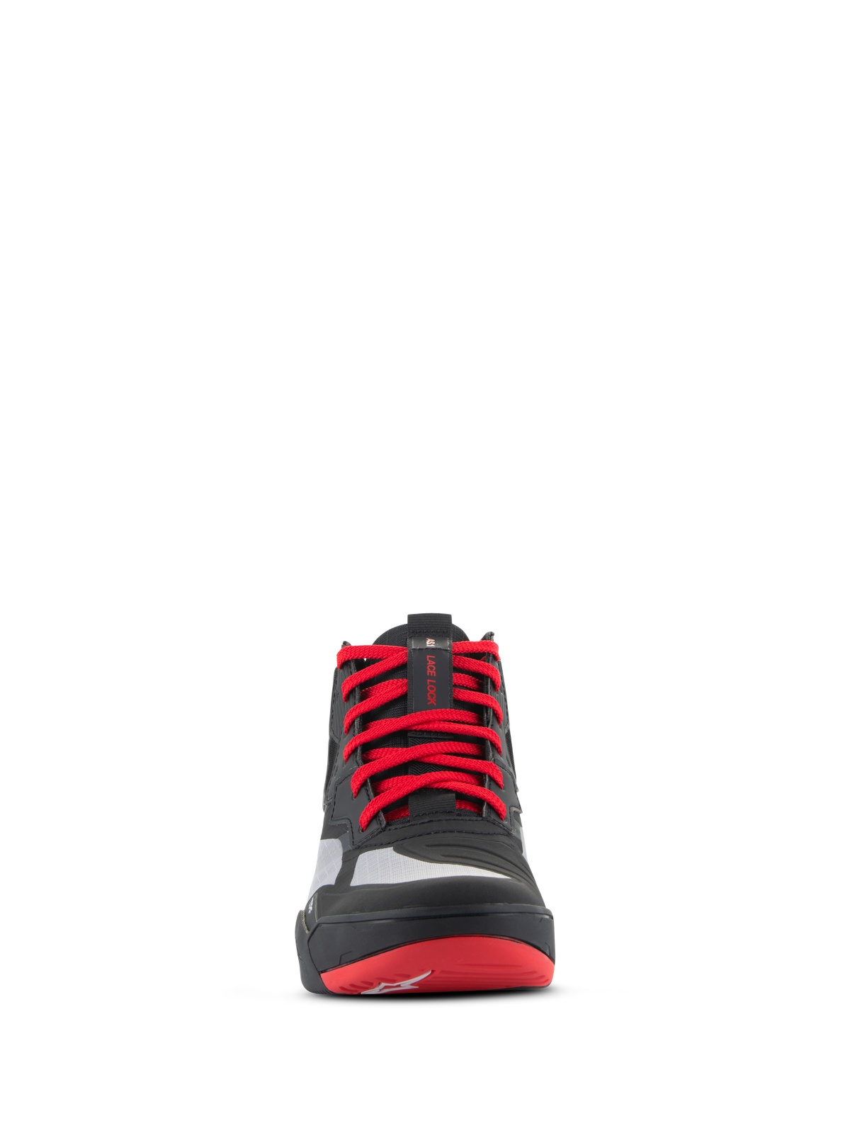 Alpinestars Speedflight Shoes, wyczynowe buty motocyklowe, czarne, jaskrawoczerwone i białe, widok z przodu z wyrazistymi czerwonymi sznurowadłami, paskiem blokującym sznurowadła na języku i bezszwowymi panelami wzmacniającymi do miejskiej jazdy motocyklowej.