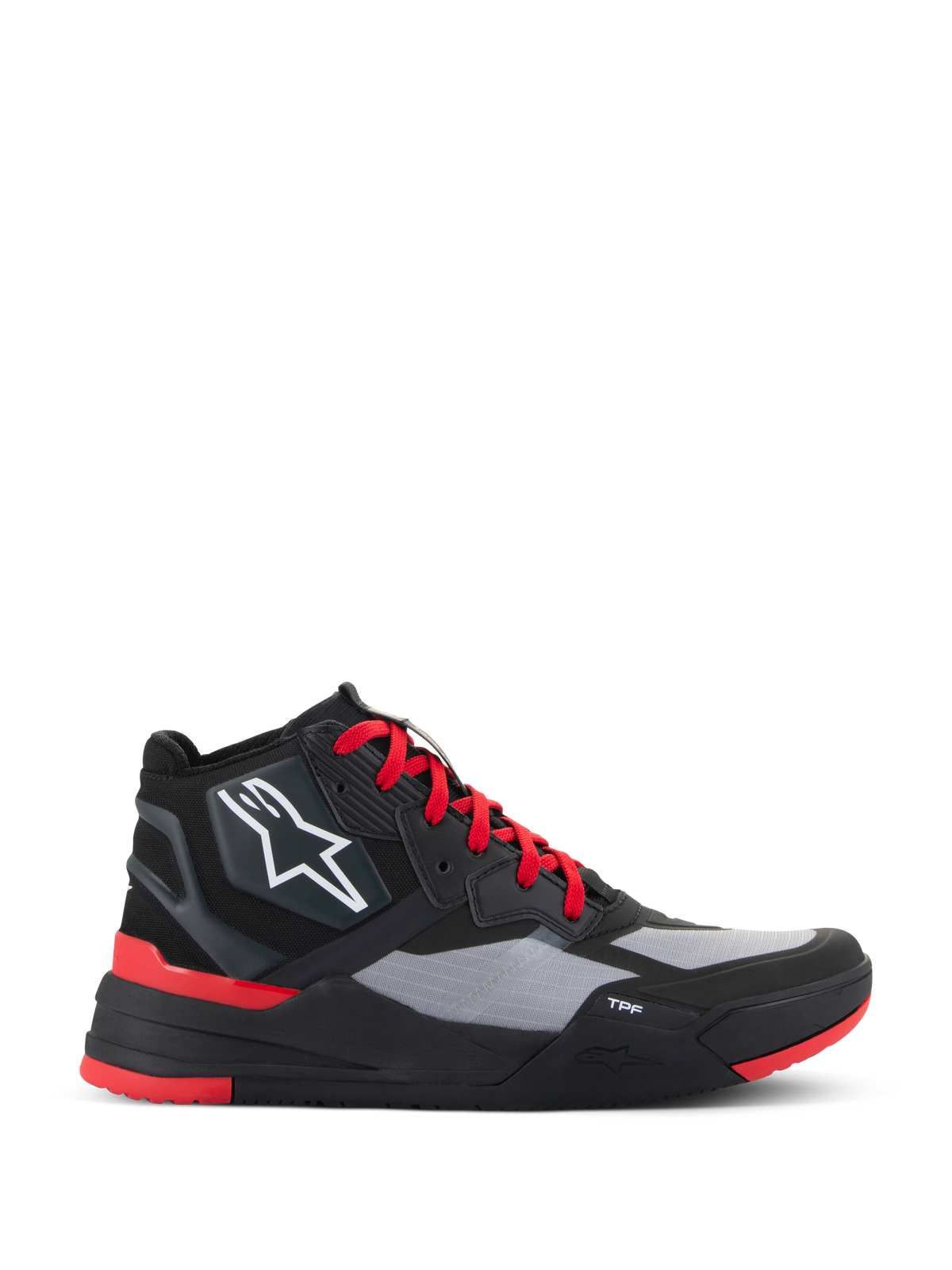 Buty Alpinestars Speedflight, wysokie sneakersy motocyklowe, czarno-jaskrawoczerwone z szarymi panelami, białe logo gwiazdy, czerwone sznurowadła, sportowy miejski design z podeszwą środkową TPF