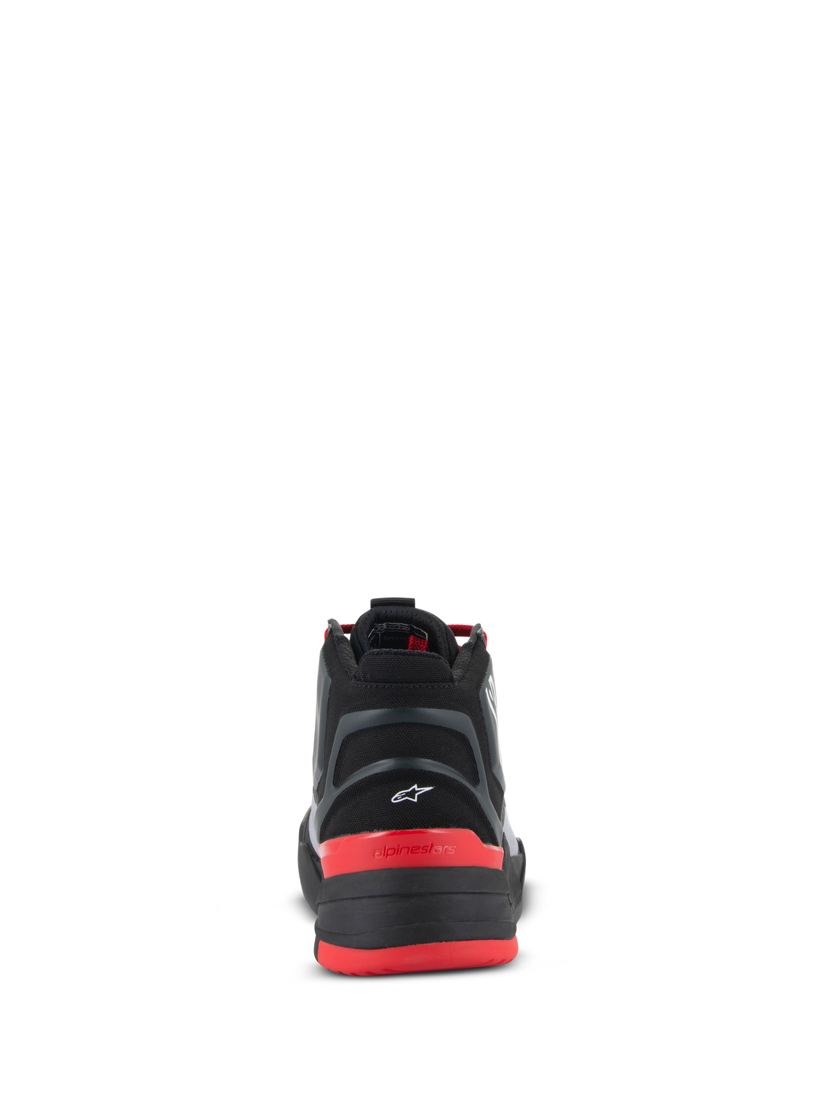 Buty Alpinestars Speedflight, motocyklowe buty miejskie, czarno-czerwono-białe, widok z tyłu pokazujący formowany element pięty z małym białym logo Astar, czerwony zapiętek z napisem alpinestars oraz cholewkę z wytrzymałego materiału ripstop