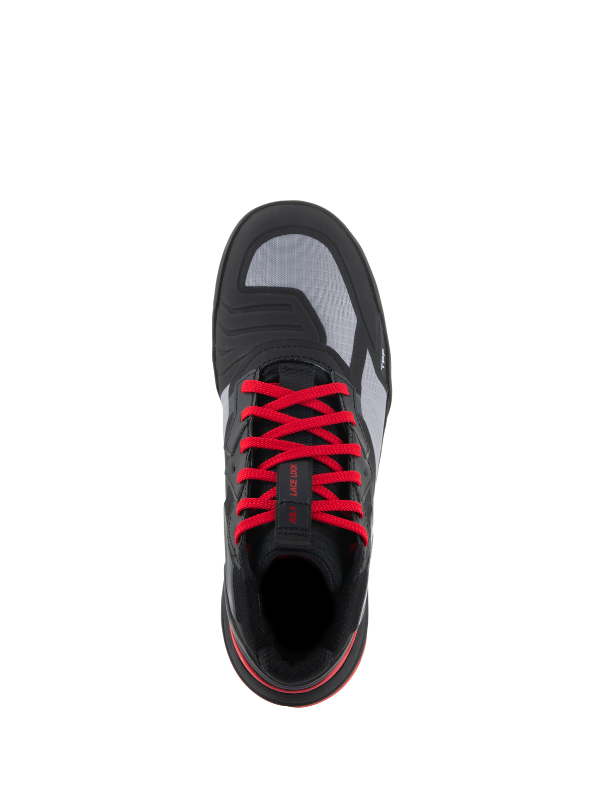 Buty Alpinestars Speedflight, buty motocyklowe, czarno-jasnoczerwono-białe, widok z góry z jaskrawoczerwonymi sznurowadłami, szarymi panelami ripstop i zintegrowaną nakładką na zmianę biegów, miejskie obuwie motocyklowe.