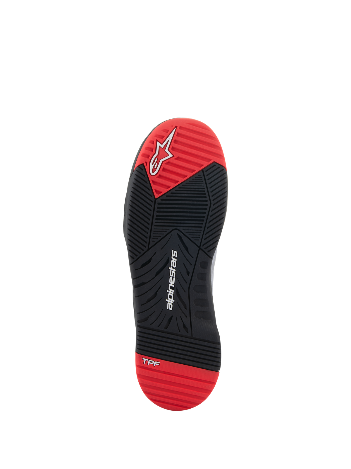 Buty Alpinestars Speedflight, buty motocyklowe, widok na podeszwę, czarno-jaskrawoczerwone, z białym logo Alpinestars i oznaczeniem TPF, gumowa podeszwa zewnętrzna o podwójnej gęstości z wielokierunkowym wzorem bieżnika.