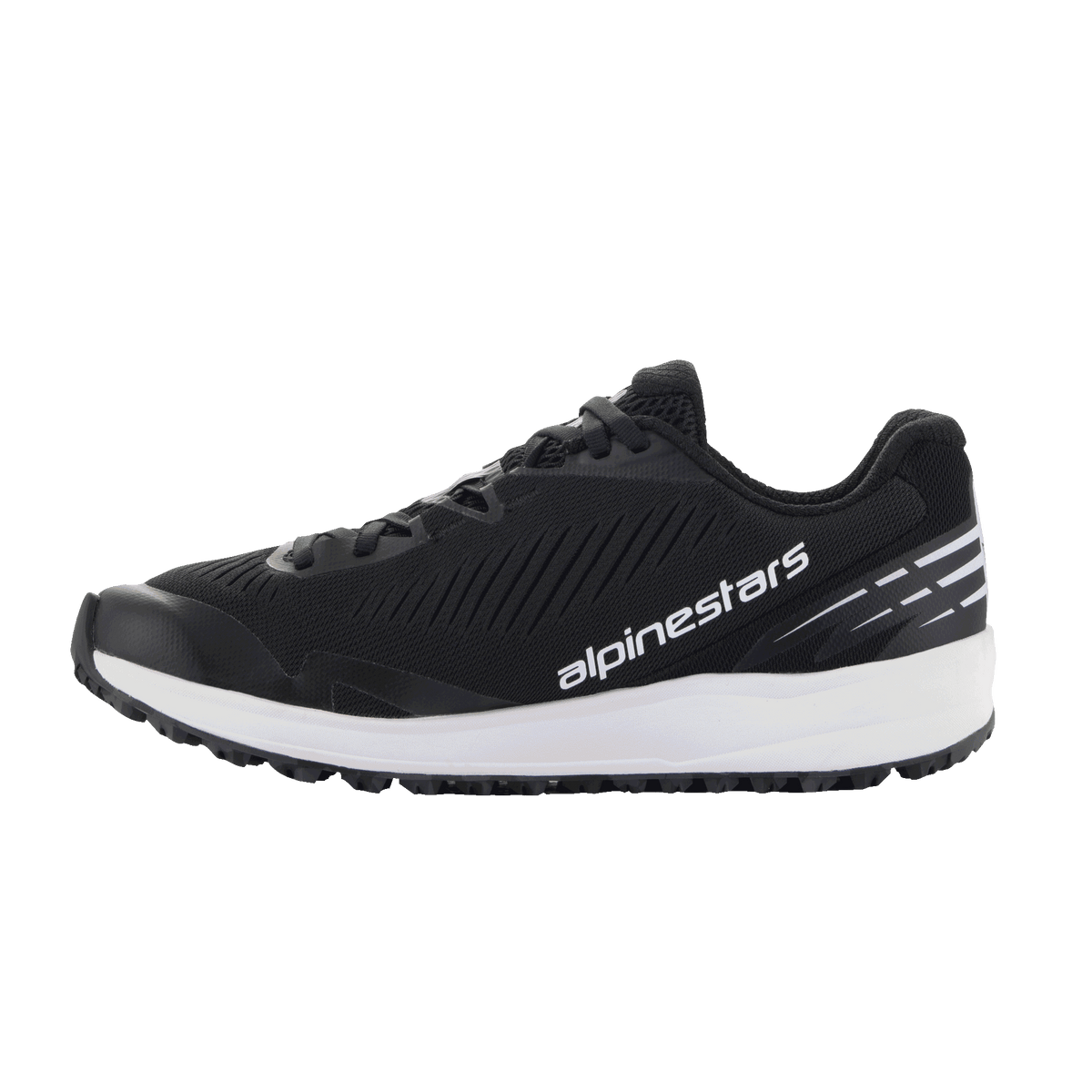 Alpinestars Meta Road V2 Shoes, Sportswear Shoes, Black and White, breathable mesh upper with diagonal textured ridges, thick white midsole, white Alpinestars logo on the side, white stripe accents on the heel, athletic design for casual wear and race-team workwear