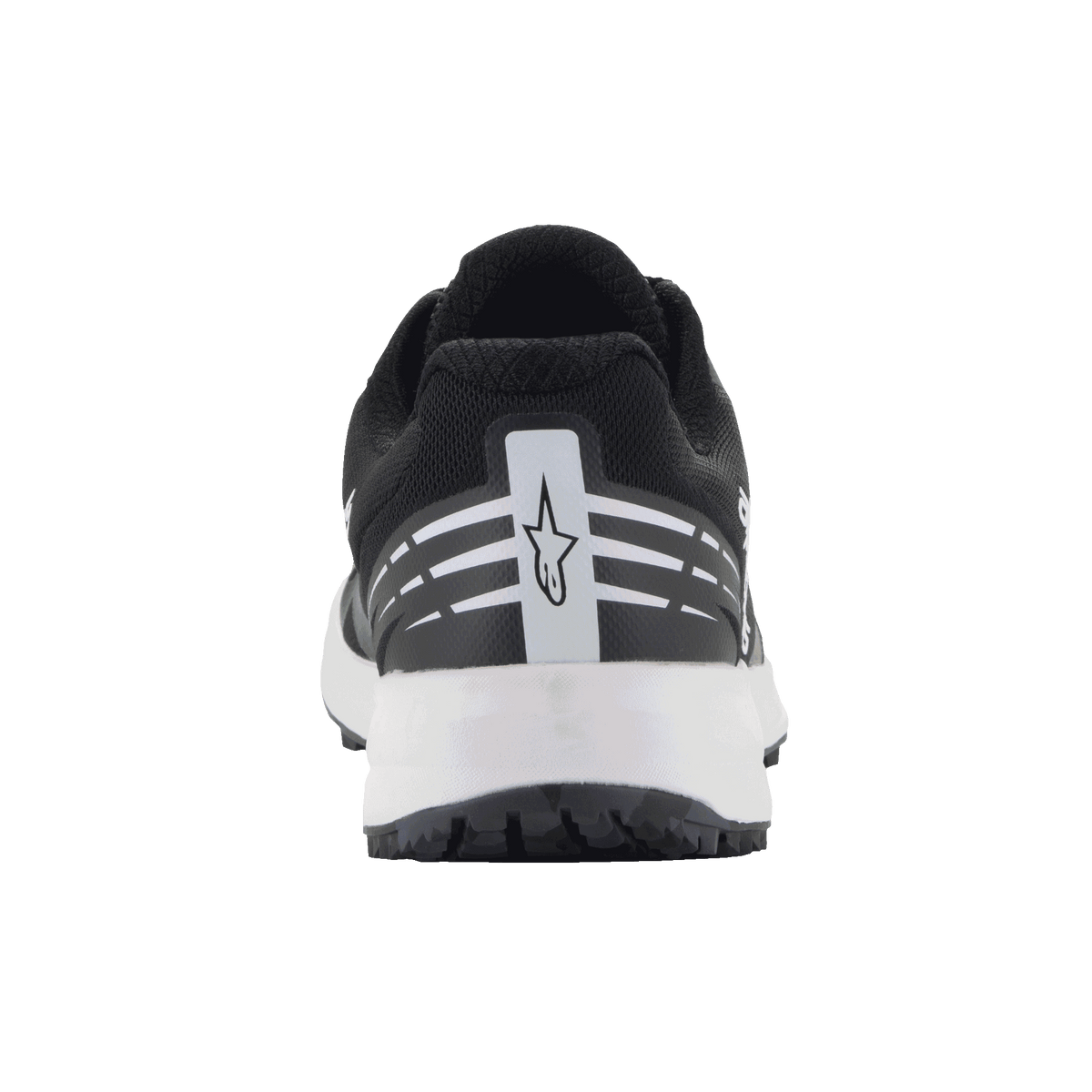 Alpinestars Meta Road V2 Shoes, Sportswear Shoes, Black and White, rear view featuring white Alpinestars star logo and horizontal stripes on the heel, white midsole, lightweight breathable design for race-team workwear